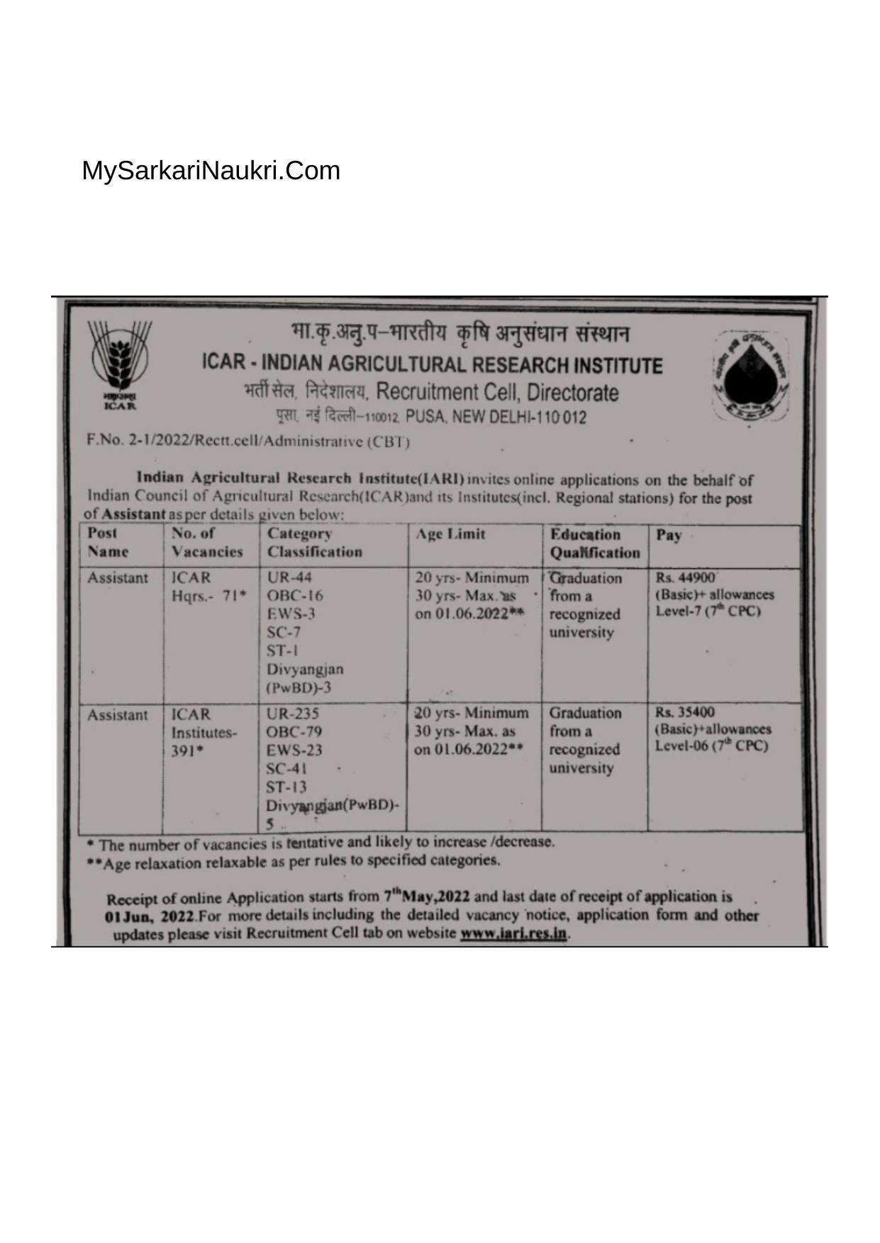 IARI Assistant Recruitment 2022 - 462 Assistant Vacancy - Page 1