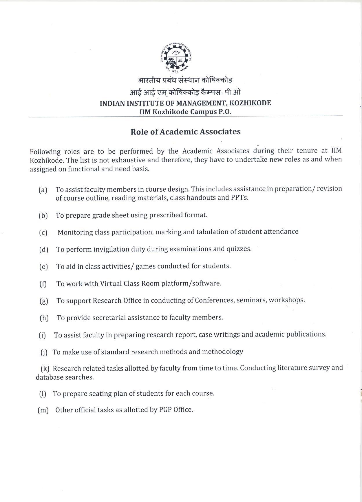 Indian Institute of Management Kozhikode (IIM Kozhikode) Invites Application for Academic Associate Recruitment 2023 - Page 1