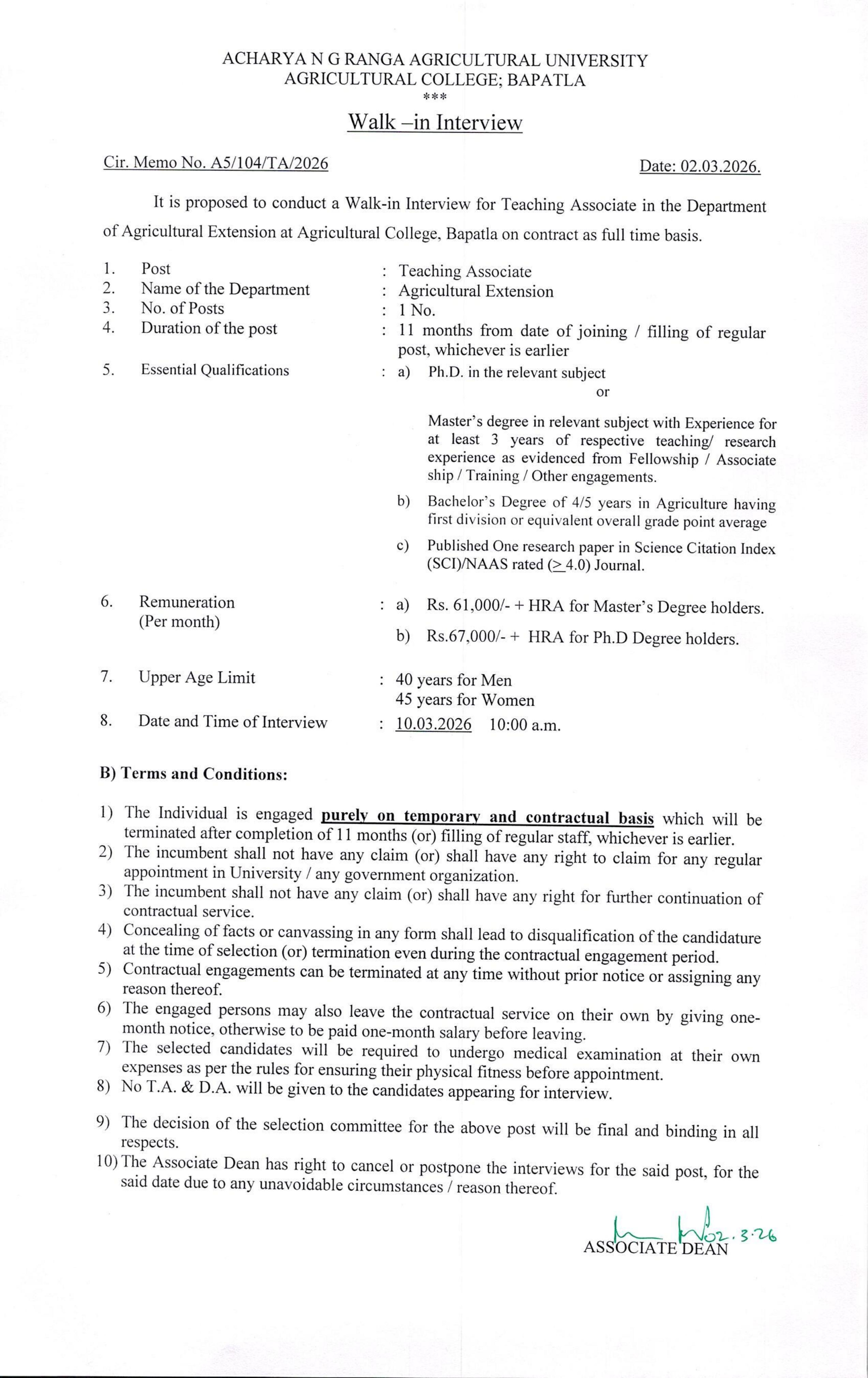 ANGRAU Teaching Associate Recruitment 2026 - Full Notification, Eligibility, Salary & Walk-in Dates - Page 1