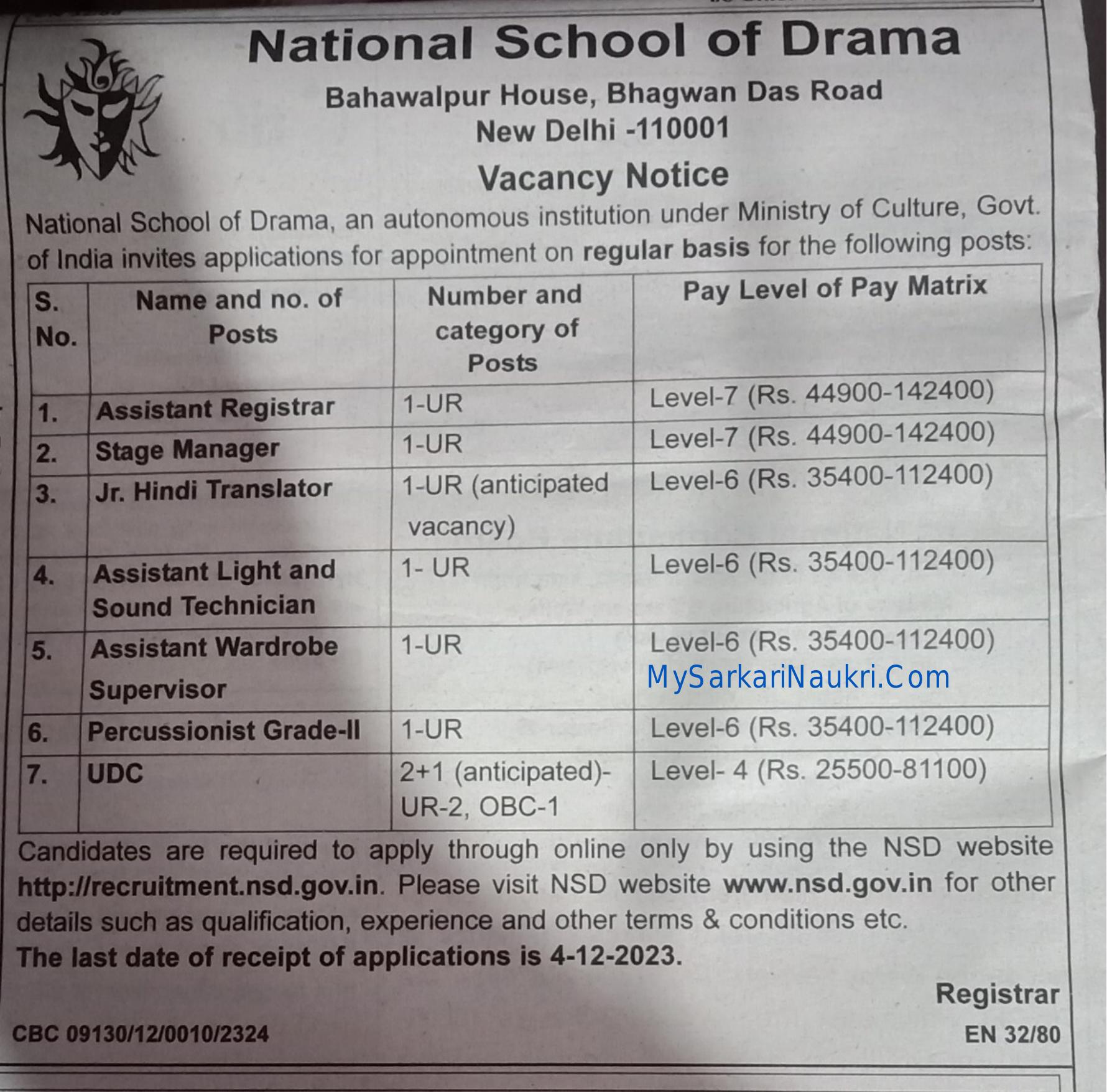 National School of Drama (NSD) Stage Manager, UDC and Various Posts Recruitment 2023 - Page 1