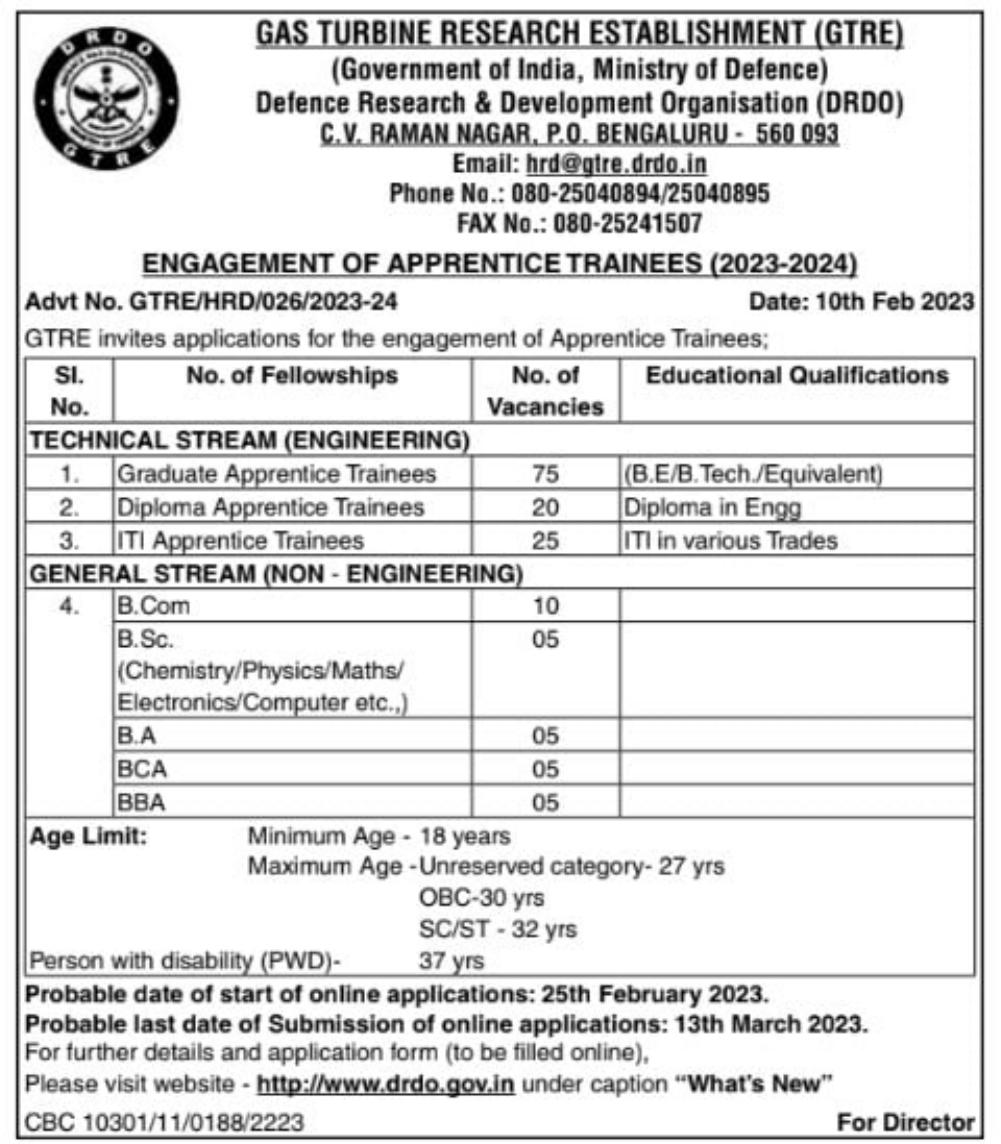 GTRE Recruitment 2023 for 150 Apprentice Trainee - Page 1