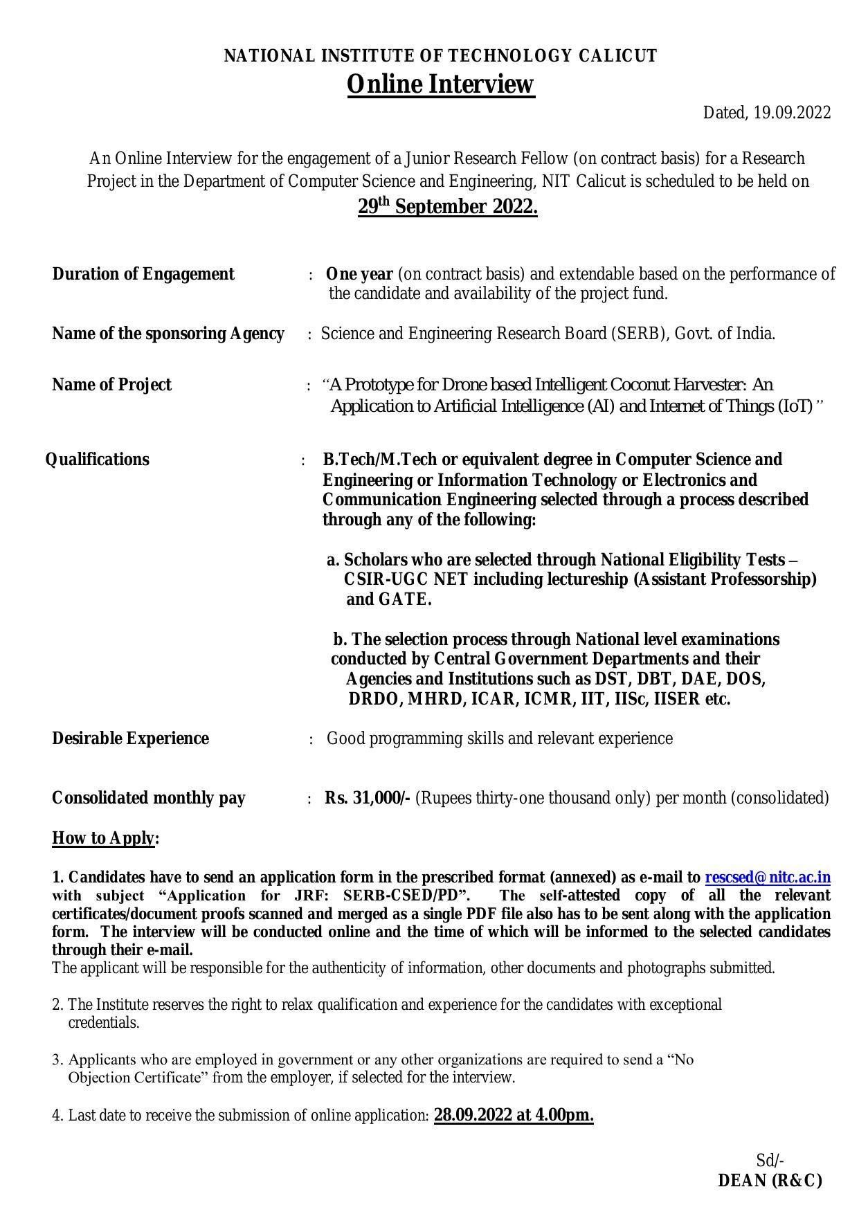 National Institute of Technology Calicut Invites Application for Junior Research Fellow Recruitment 2022 - Page 1