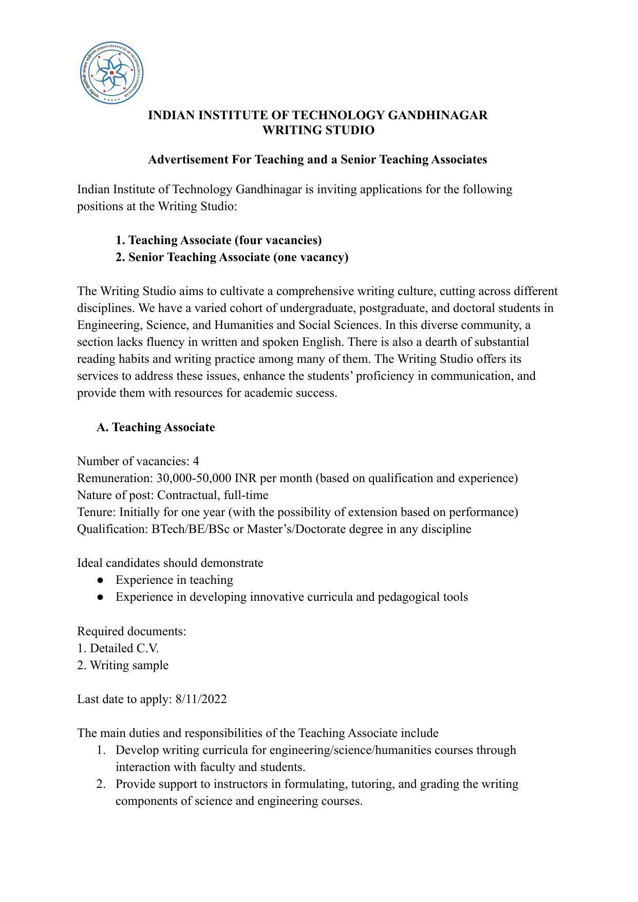 IIT Gandhinagar Invites Application for Teaching Associate, Senior Teaching Associate Recruitment 2022 - Page 2