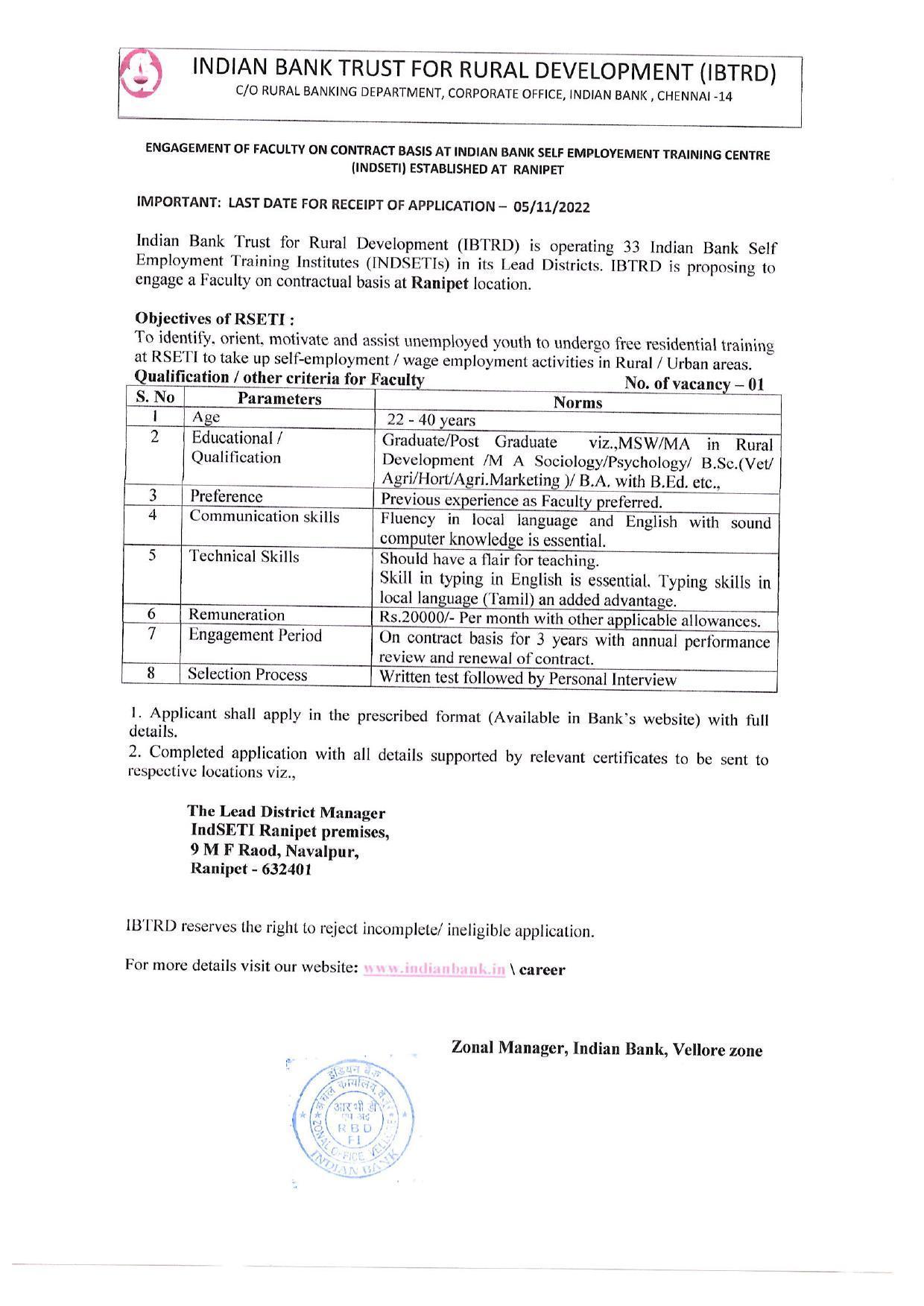 Indian Bank Invites Application for Financial Literacy Counsellor, Faculty Recruitment 2022 - Page 1