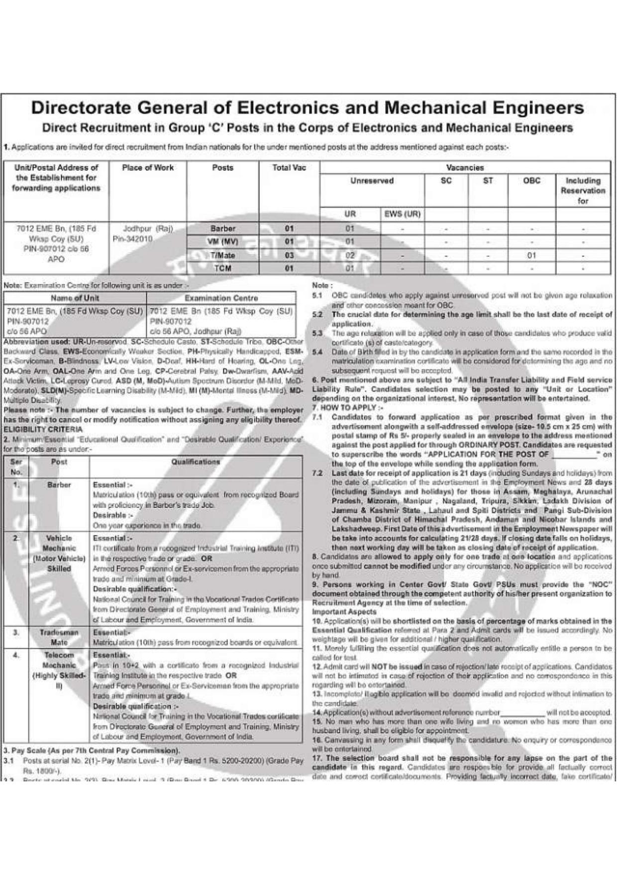 Indian Army DG EME Recruitment 2026 – Apply Offline for 6 Barber, Tradesman Mate & Other Posts - Page 1