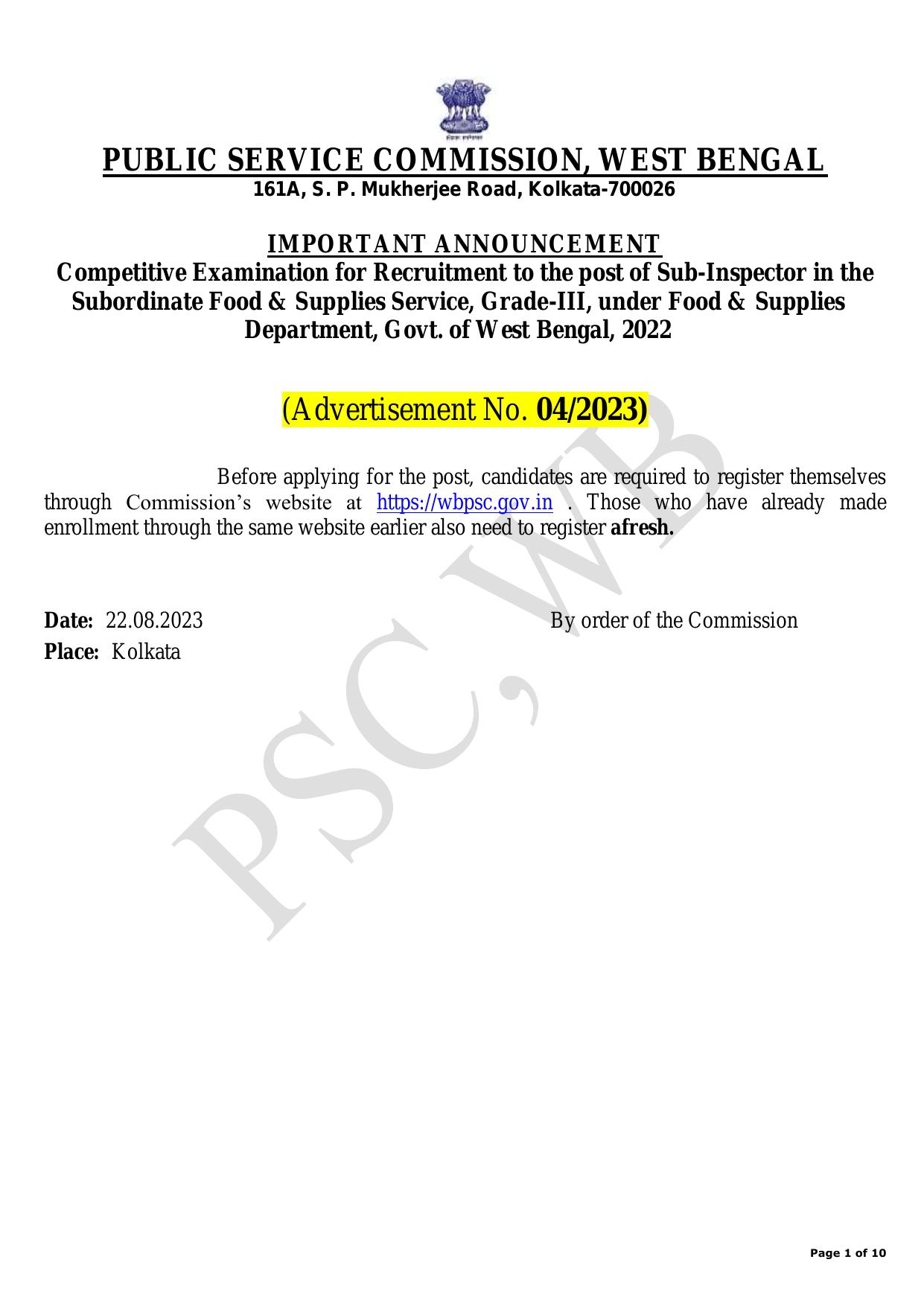 West Bengal Public Service Commission (PSCWB) Invites Application for 509 Sub Inspector Recruitment 2023 - Page 1