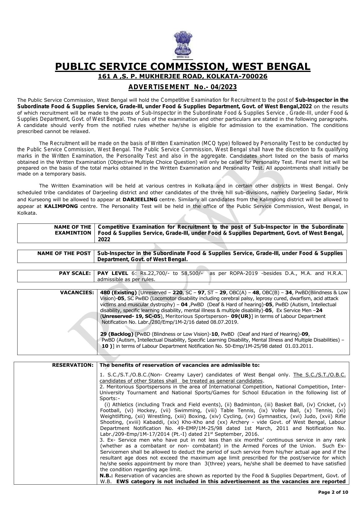 West Bengal Public Service Commission (PSCWB) Invites Application for 509 Sub Inspector Recruitment 2023 - Page 2