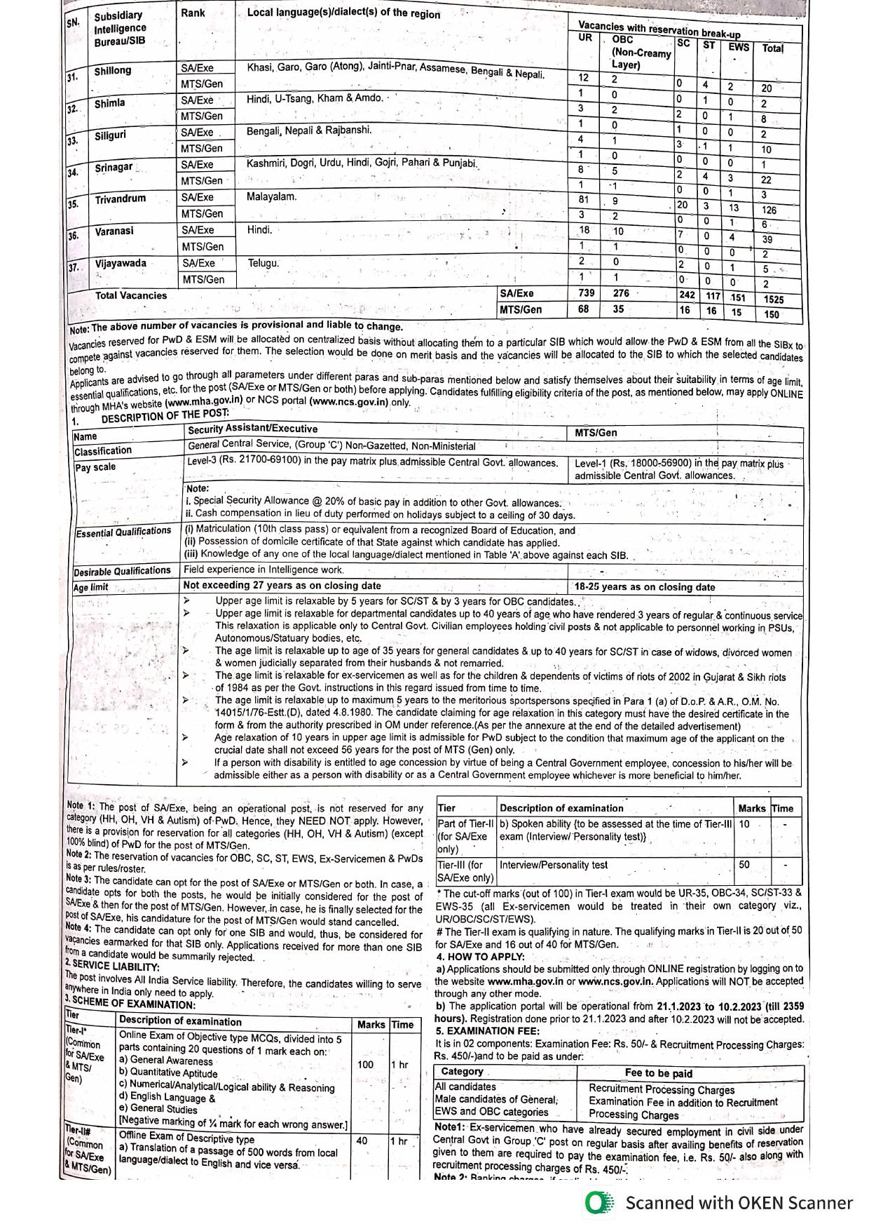 IB 1675 Security Assistant, MTS Recruitment 2023 - Page 1