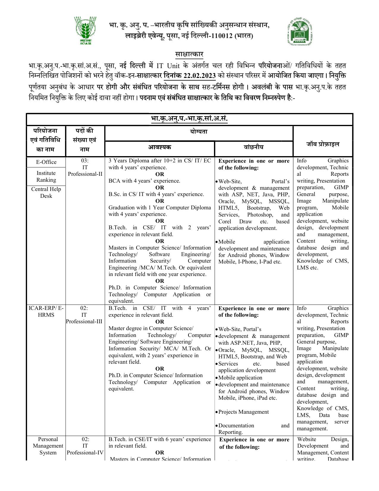 Indian Agricultural Statistics Research Institute Invites Application for 7 IT Professional-II And III And IV Recruitment 2023 - Page 1
