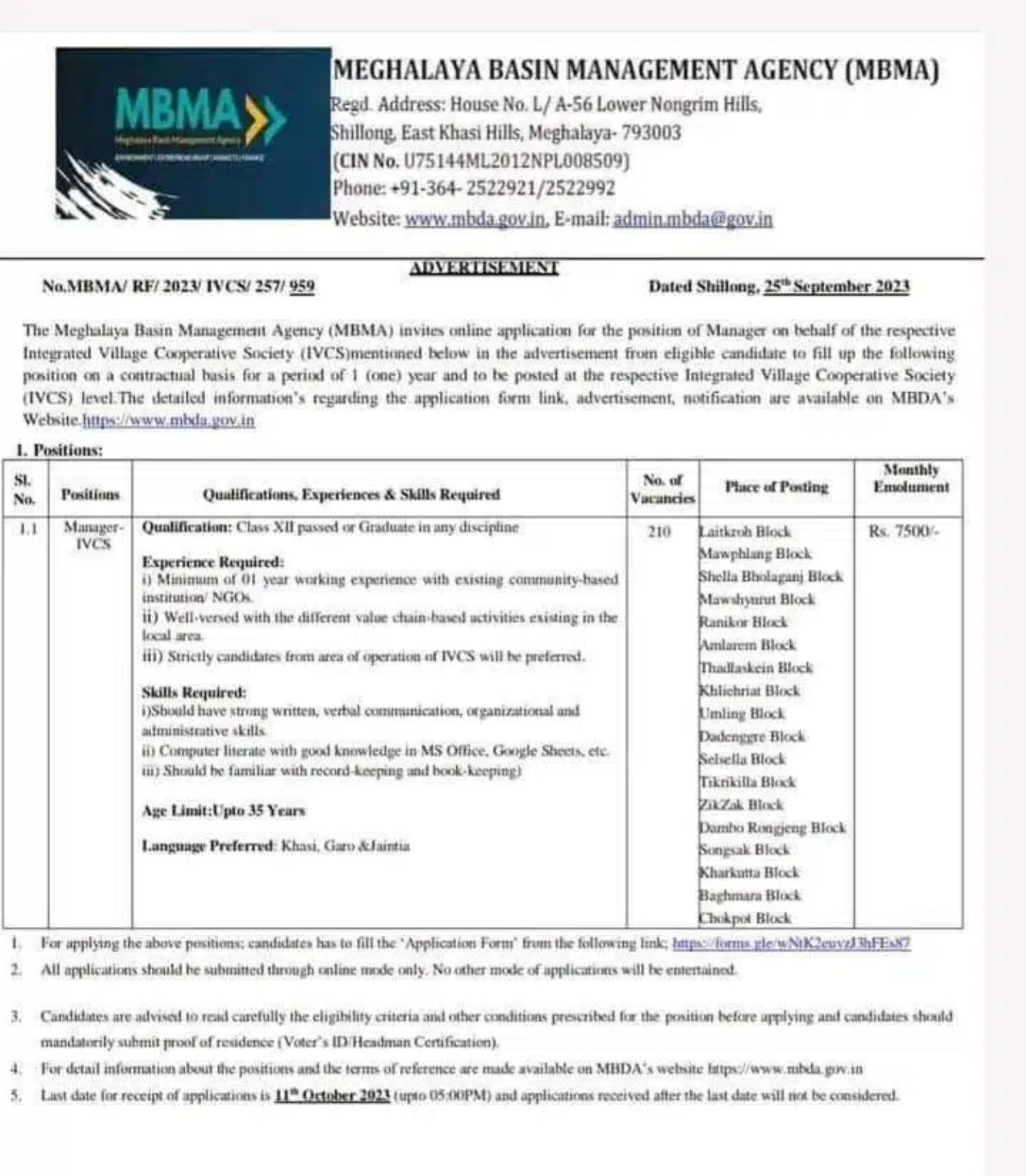 Meghalaya Basin Development Authority (MBDA) Manager Recruitment 2023 - Page 1