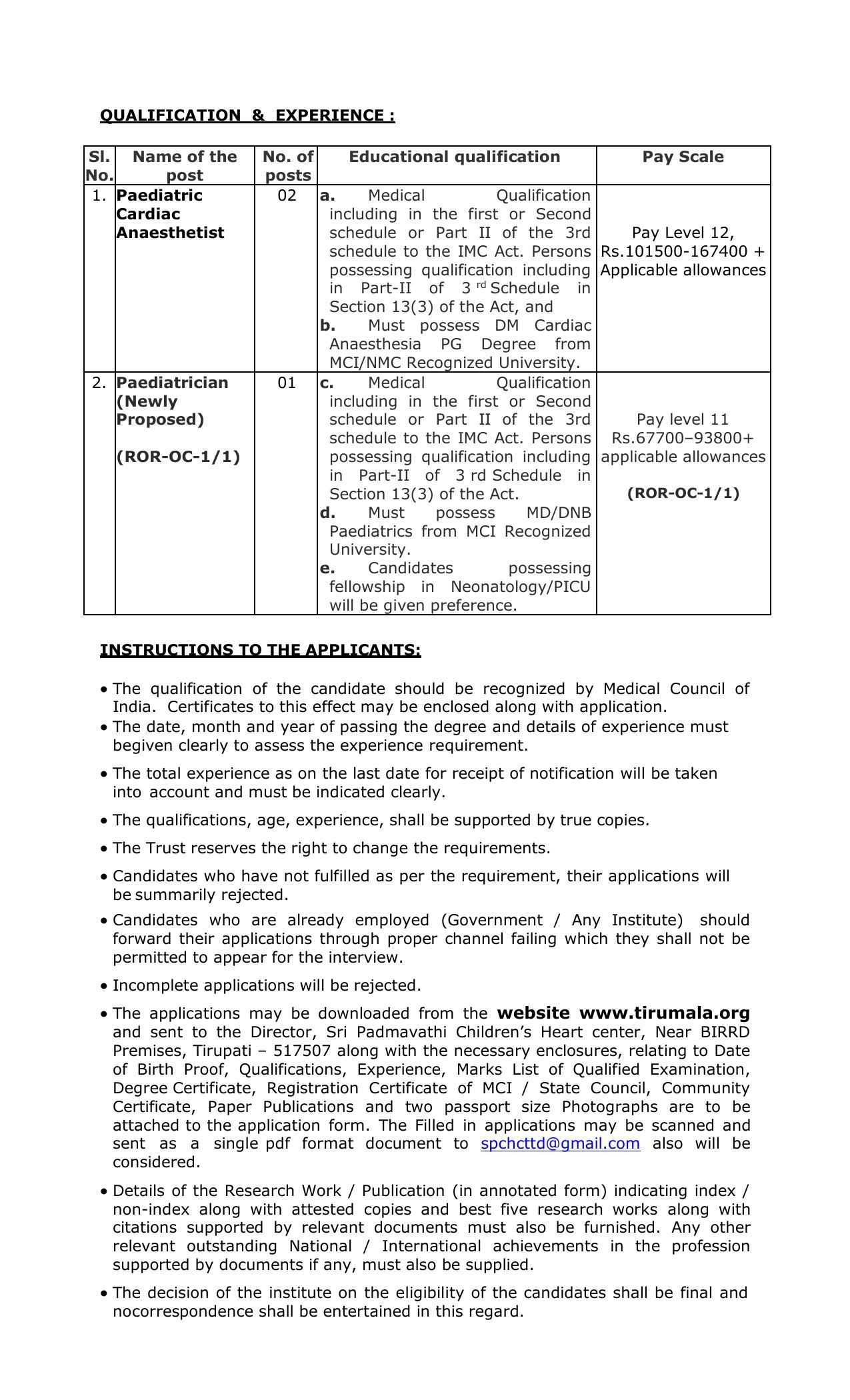 Tirumala Tirupati Devasthanams Invites Application for Paediatrician, Paediatric Cardiac Anaesthetist Recruitment 2022 - Page 1