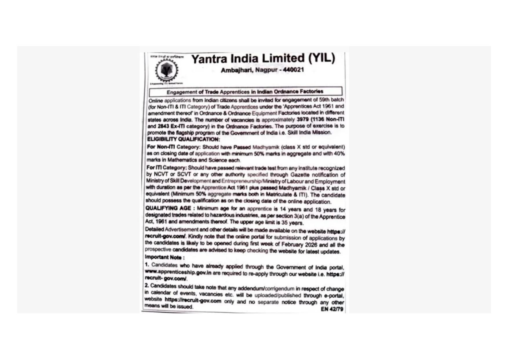 Yantra India Limited (YIL) Trade Apprentices Recruitment 2026 – Apply Online for 3979 Posts - Page 1