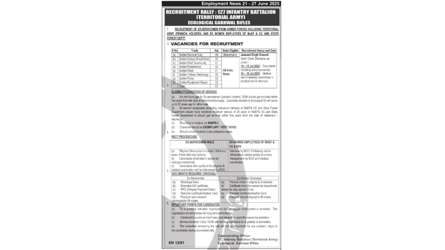 Territorial Army (127 Infantry Battalion) Soldier Recruitment 2025 - Page 1