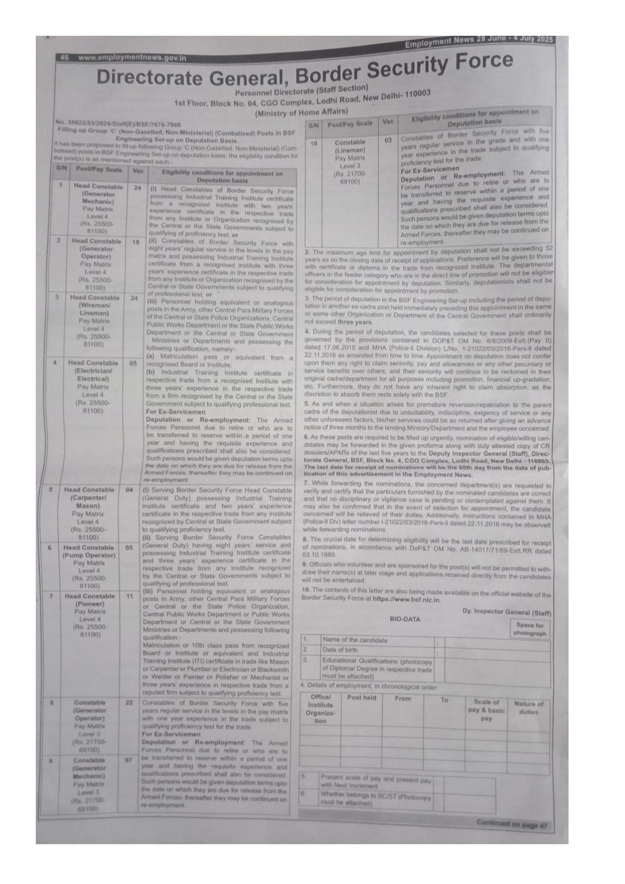 Border Security Force (BSF) 123 Constable, Head Constable Recruitment 2025 - Page 1