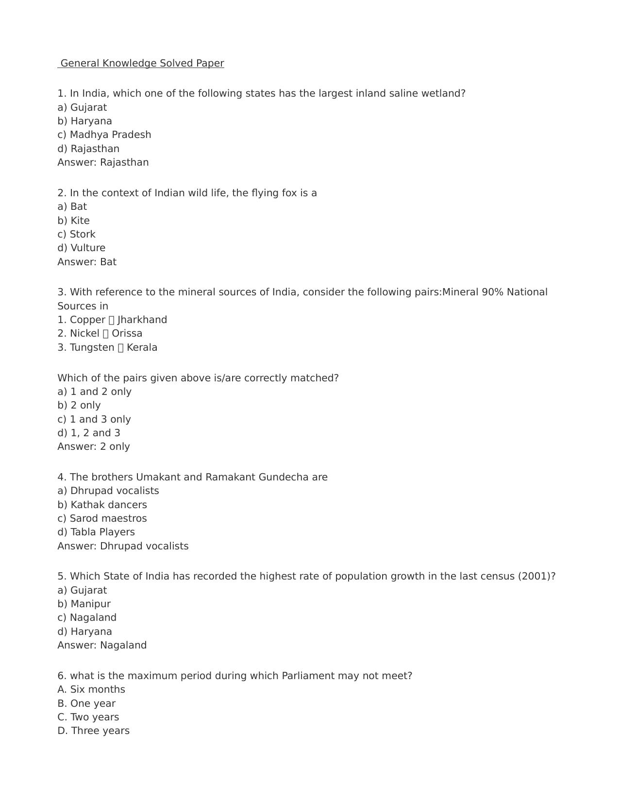 JKSSB Question Papers PDF for General Knowledge - Page 1