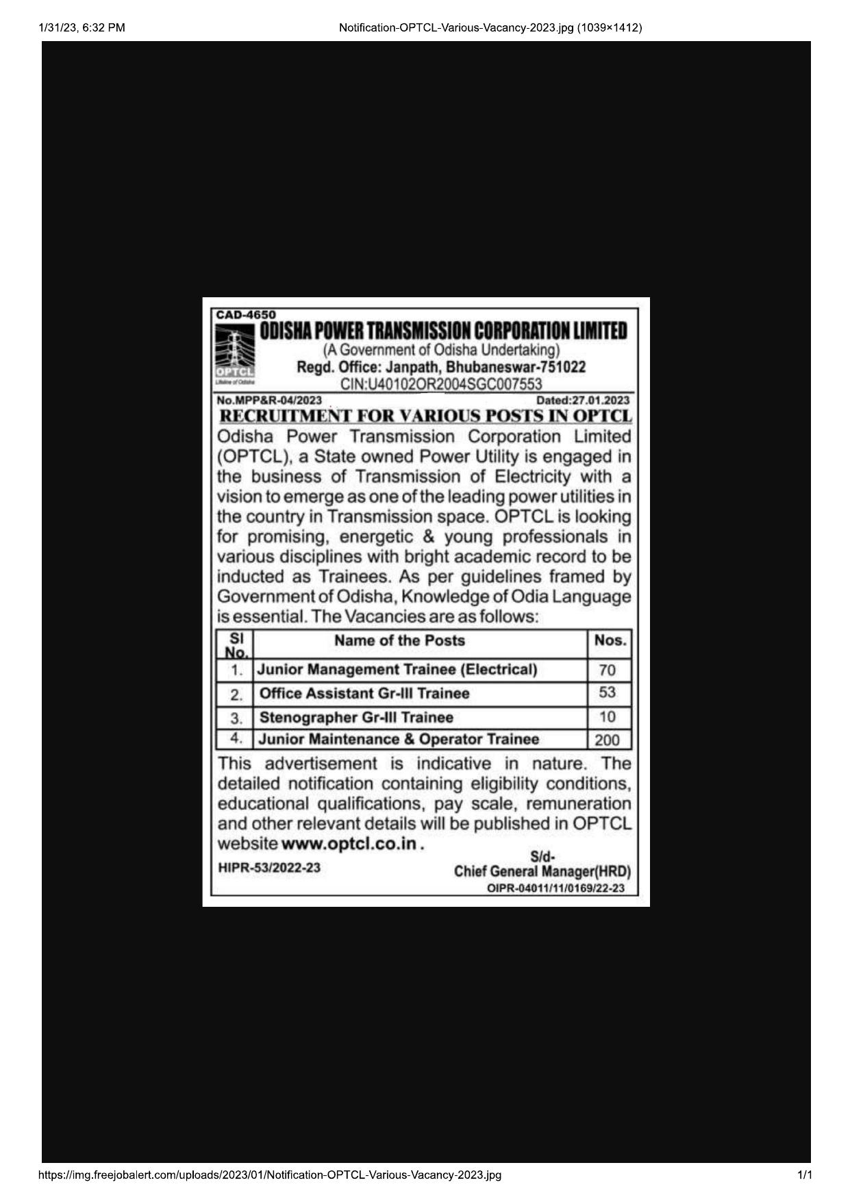 OPTCL 333 Junior Maintenance Trainee, Office Assistant & Other Recruitment 2023 - Page 1