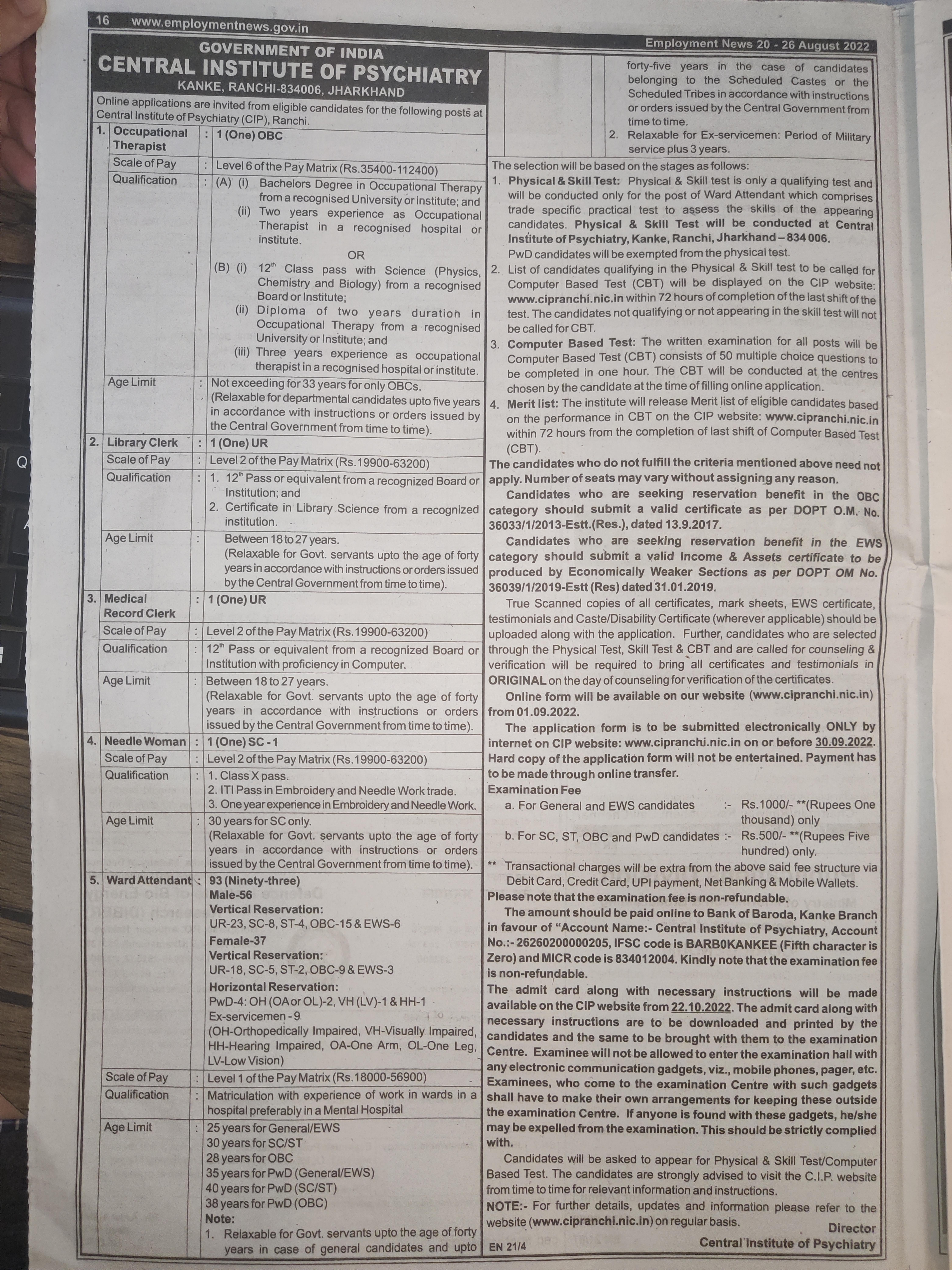 CIP Ranchi Ward Attendant and Various Posts Recruitment 2022 - Page 1