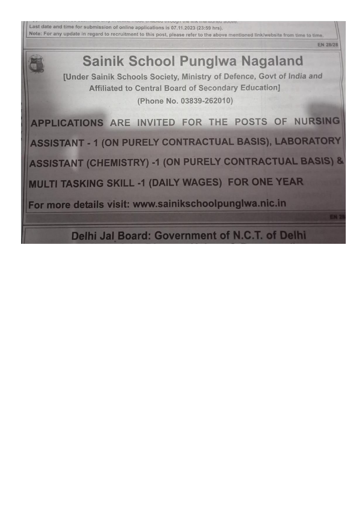 Sainik School Punglwa Nursing Assistant, Laboratory Assistant, Multi Tasking Skill Recruitment 2023 - Page 1
