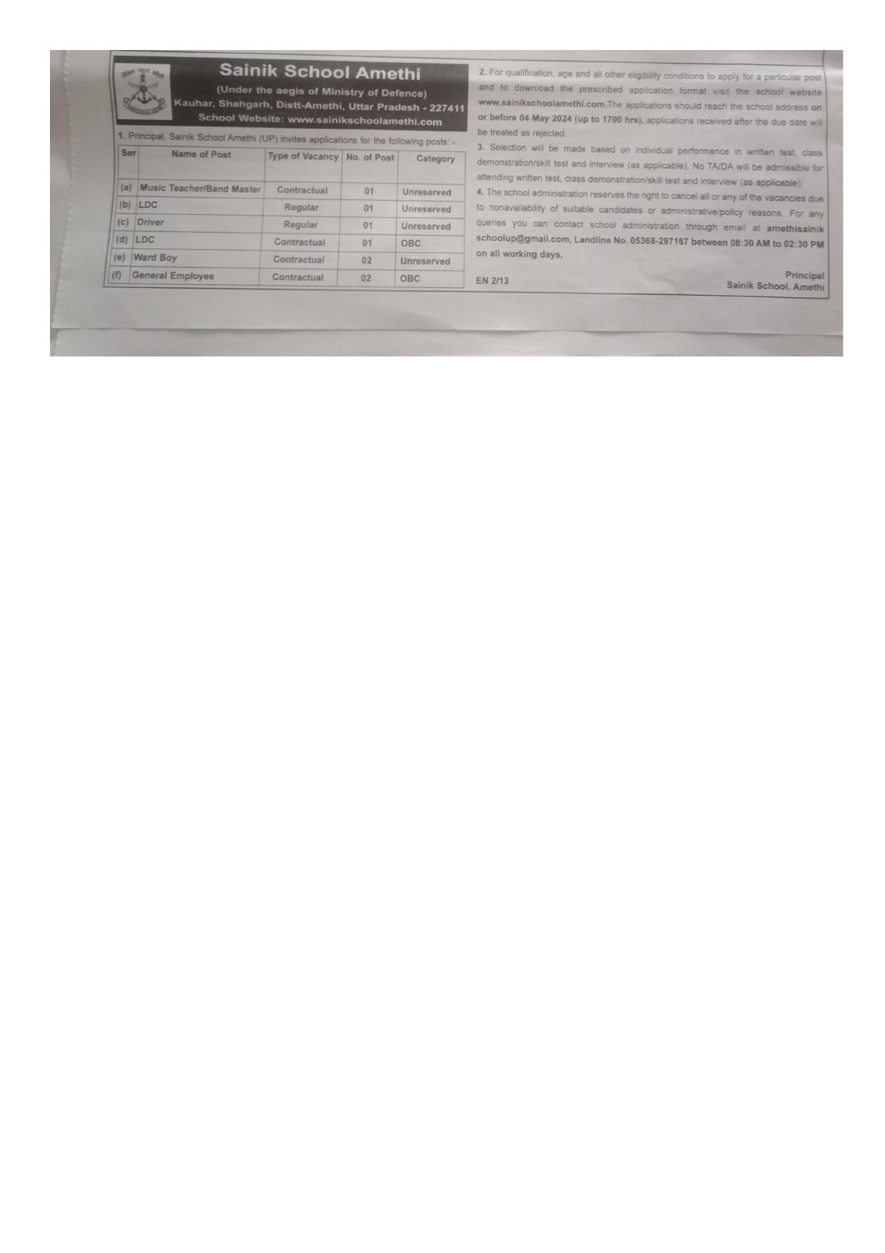 Sainik School Amethi LDC and Various Posts Recruitment 2024 - Page 1