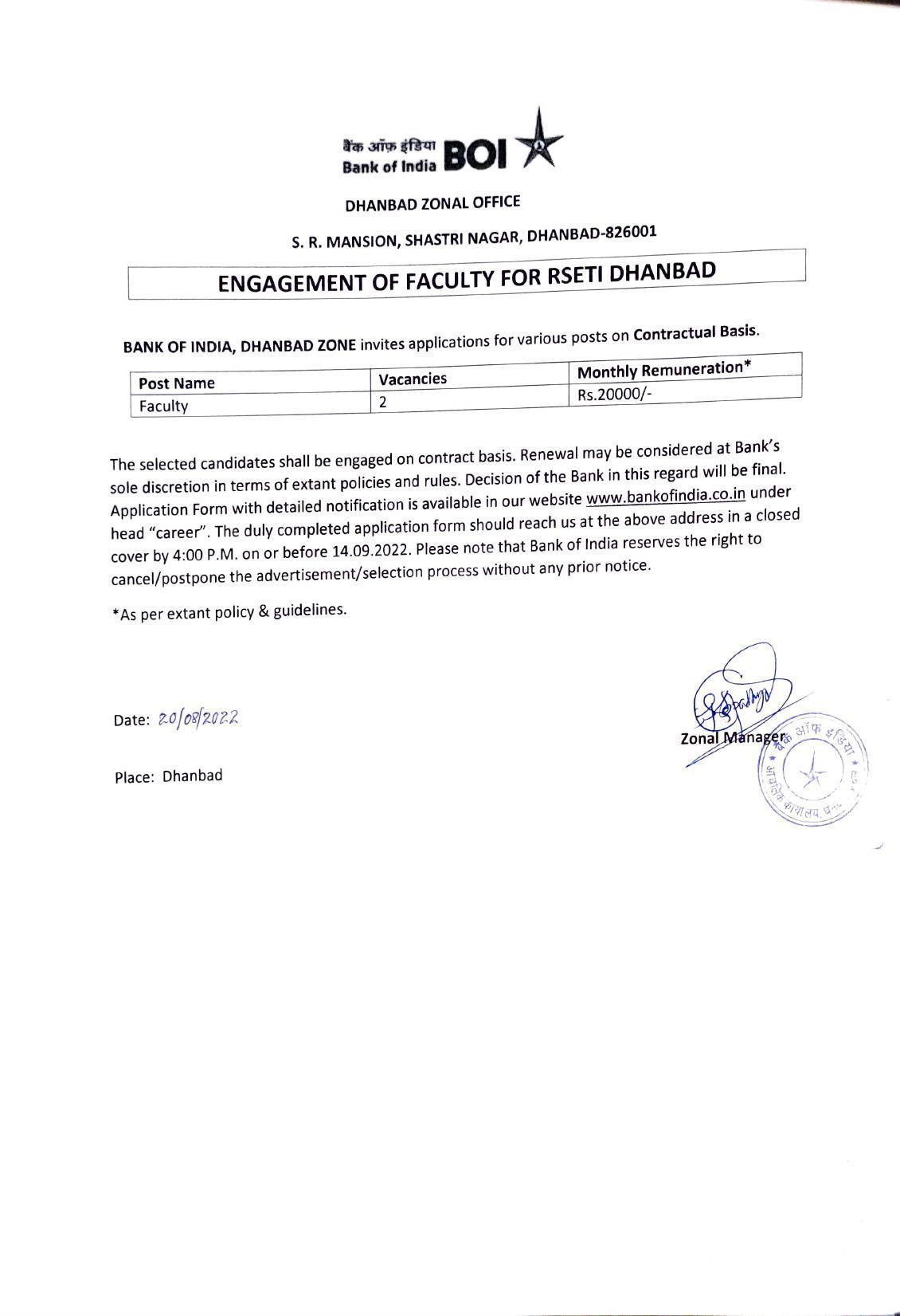 Bank of India Invites Application for Faculty Recruitment 2022 - Page 1