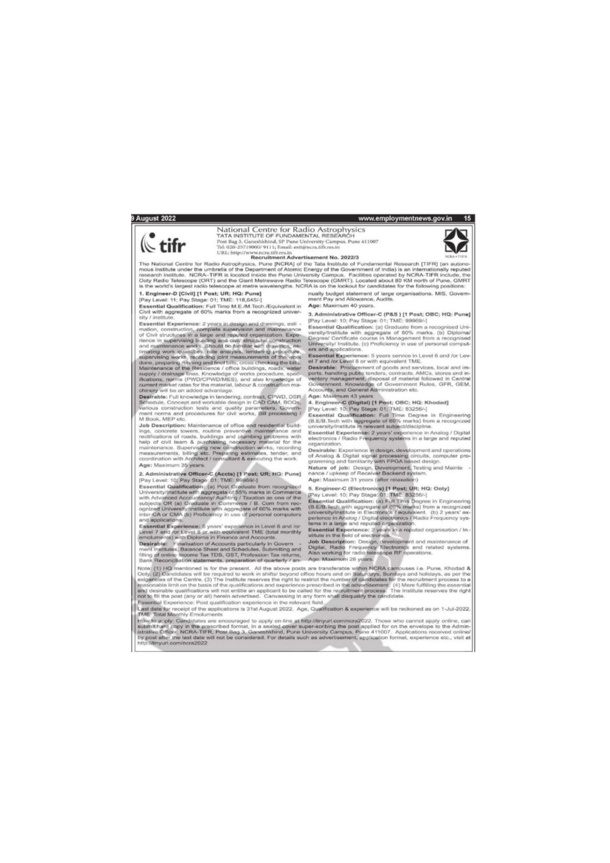 TIFR Invites Application for Engineer-C and D, Administrative Officer-C Recruitment 2022 - Page 1