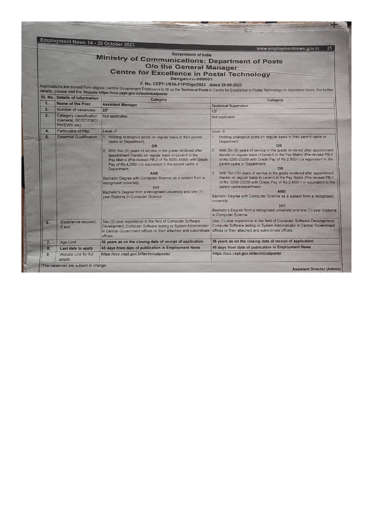CEPT Assistant Manager, Technical Supervisor Recruitment 2023 - Page 1