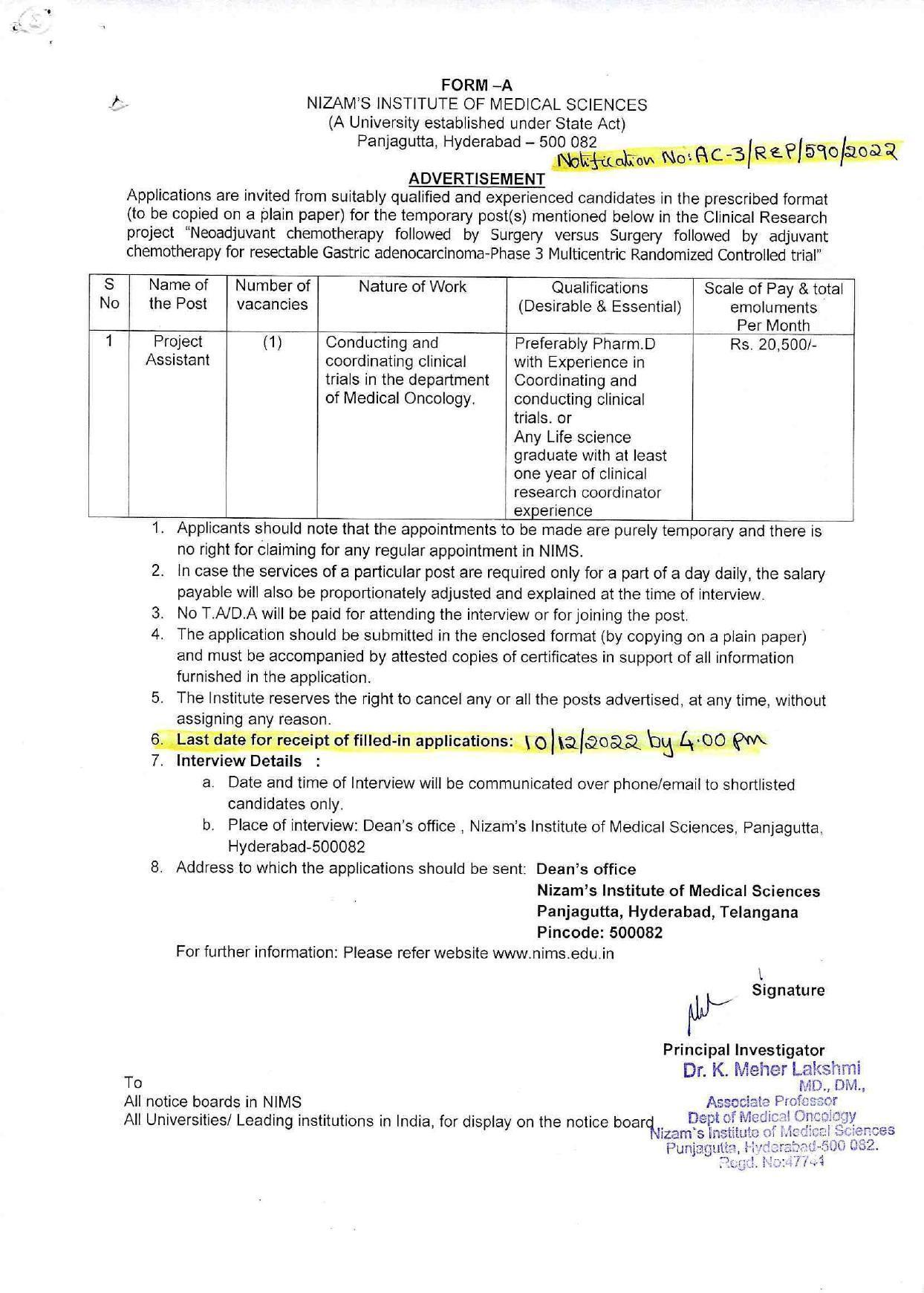 Nizams Institute of Medical Sciences Invites Application for Project Assistant Recruitment 2022 - Page 2