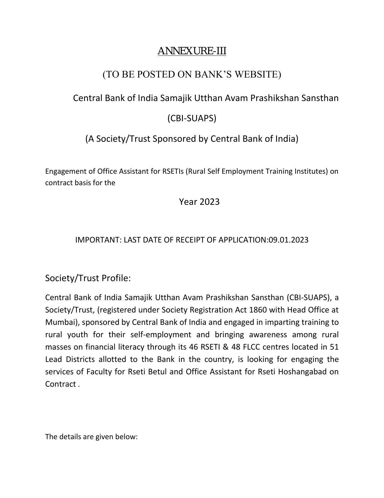 Central Bank of India Hoshangabad Invites Application for Office Assistant Recruitment 2022 - Page 1