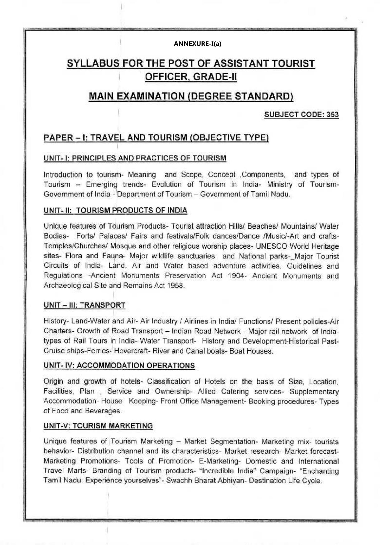 TNPSC Assistant Tourist Officer Syllabus For Paper – I & Paper – II  - Page 1