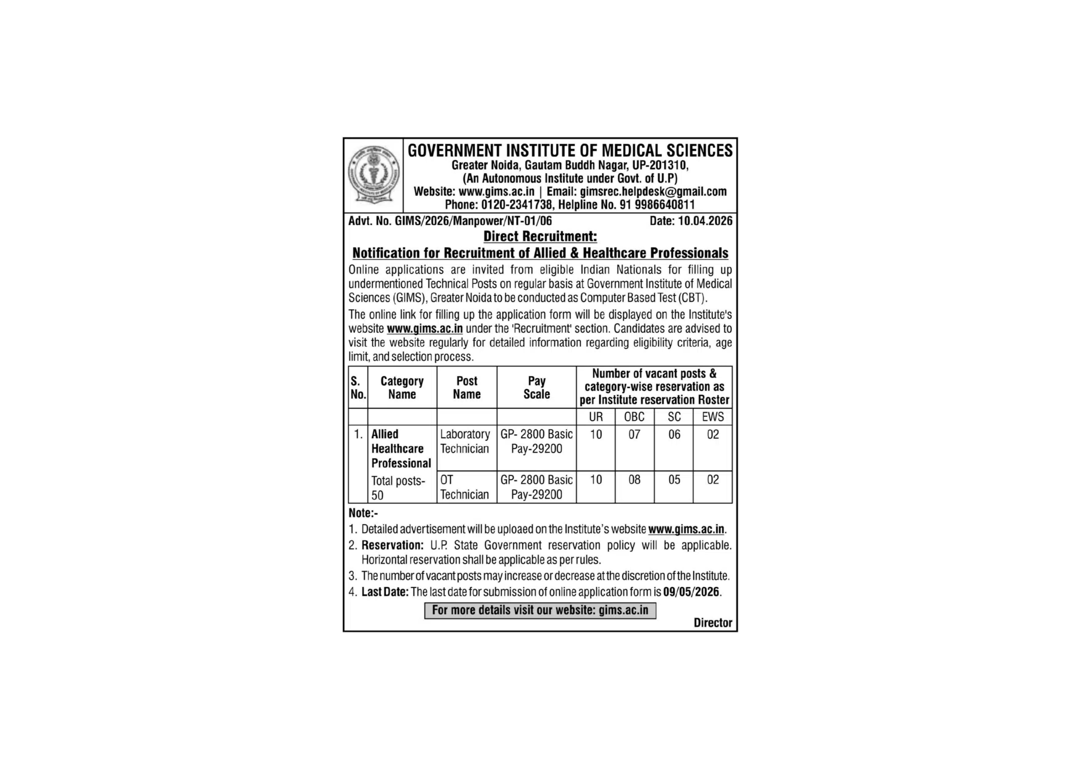 GIMS Recruitment 2026 for 50 Lab Technician & OT Technician Posts - Page 1