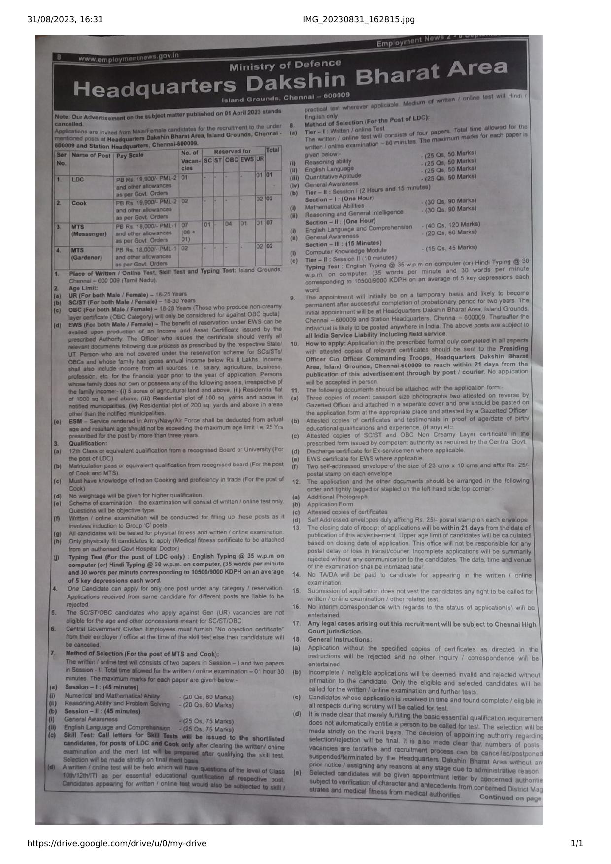 Headquarters Dakshin Bharat Area LDC, Cook, MTS Recruitment 2023 - Page 1