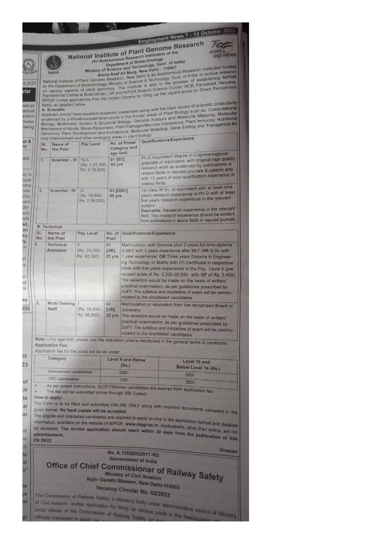 NIPGR MTS, Technical Assistant and Various Posts Recruitment 2023 - Page 1