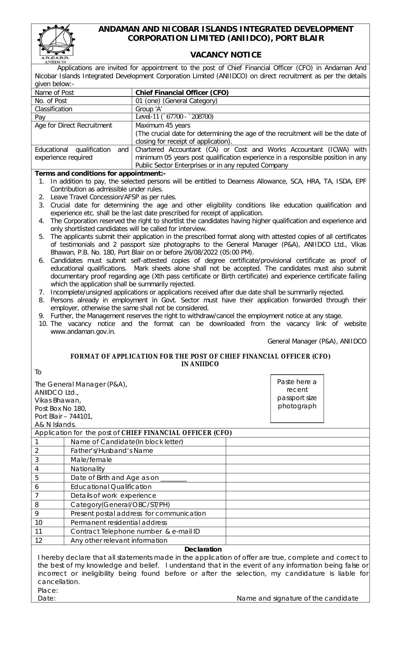 Andaman & Nicobar Administration Invites Application for Chief Financial Officer Recruitment 2022 - Page 1