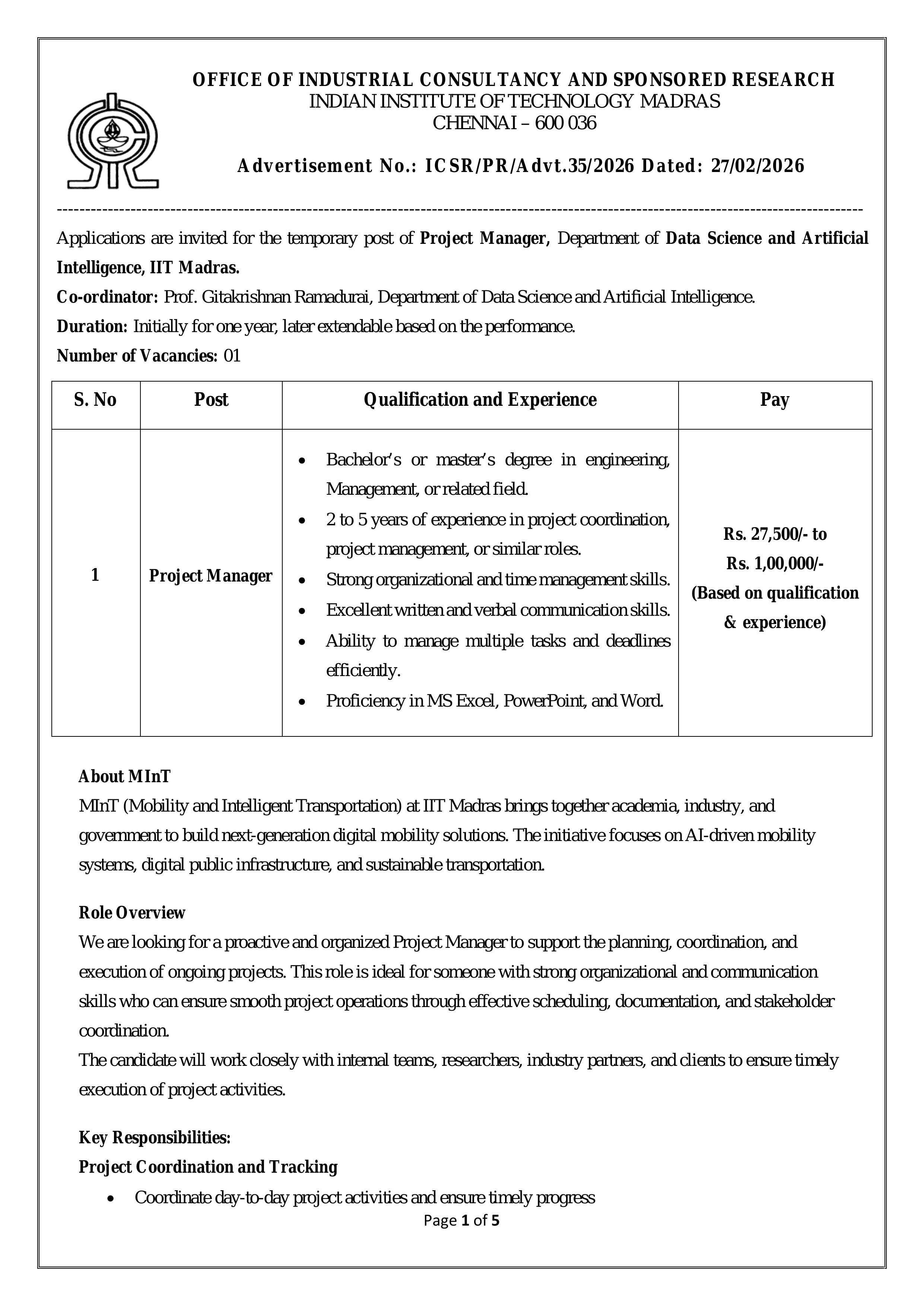 IIT Madras Project Manager Recruitment 2026 - Full Notification, Eligibility, Salary - Page 1