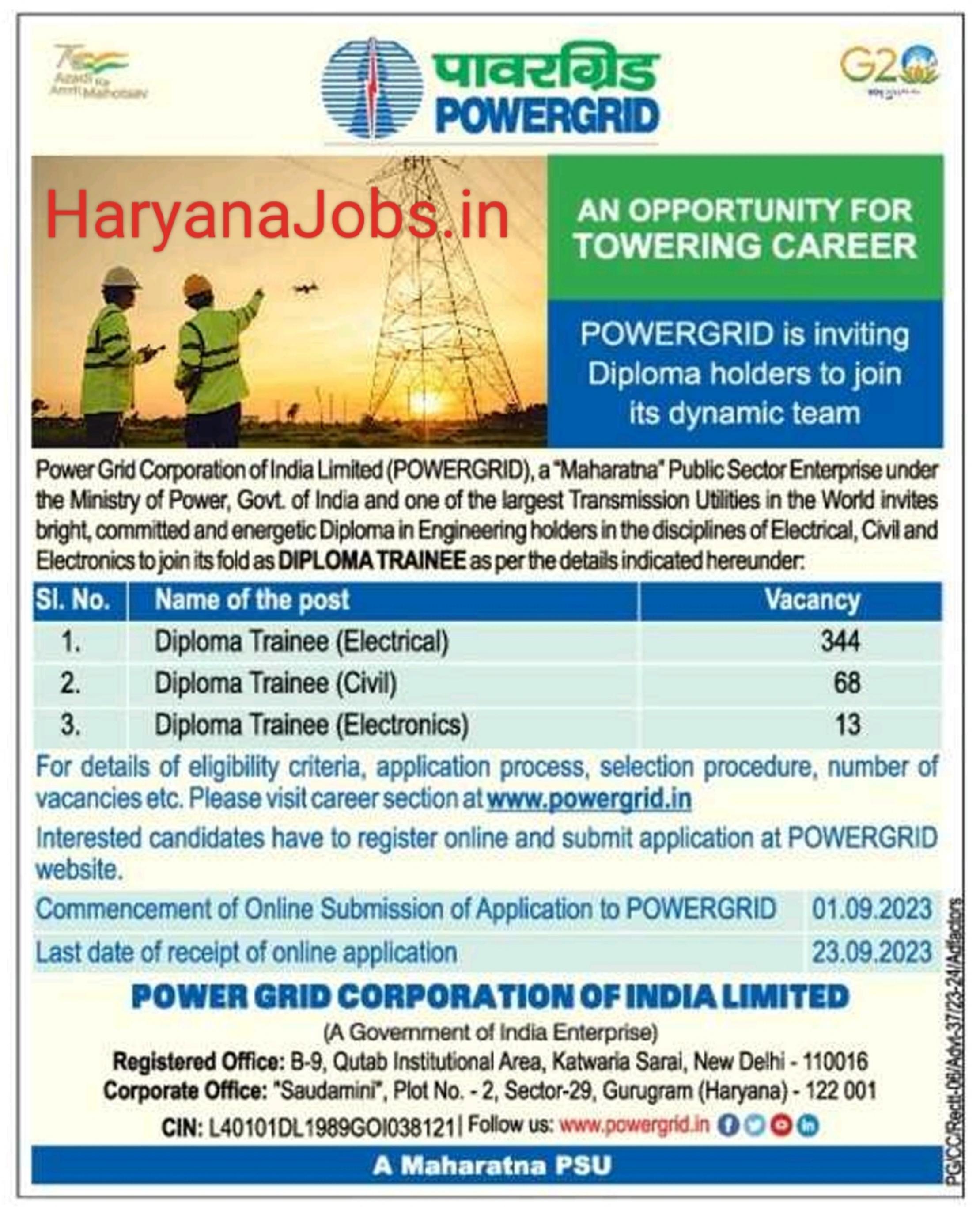 Power Grid Corporation of India Limited (PGCIL) 425 Diploma Trainee Recruitment 2023 - Page 1