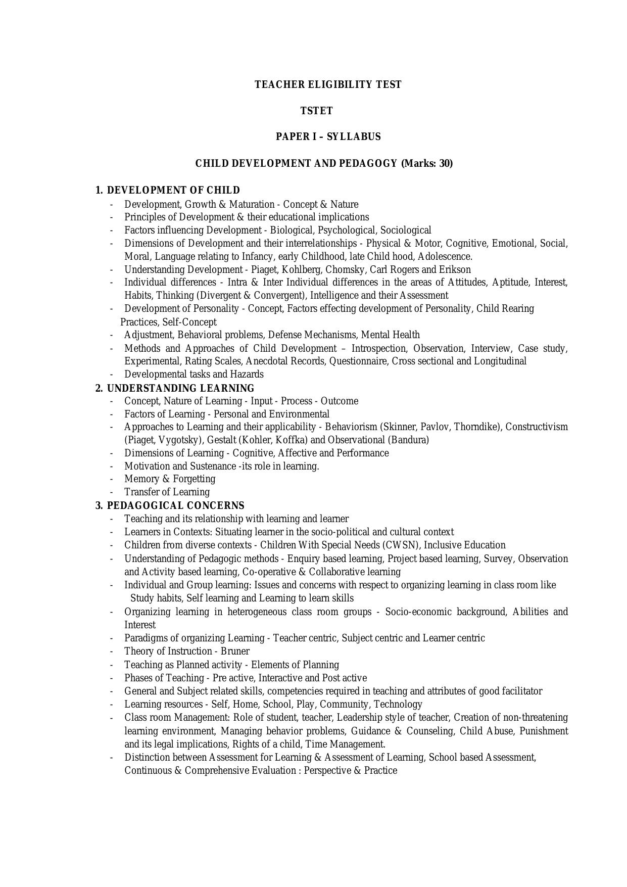 TS TET Syllabus 2024 for Paper 1 (Telugu) - Page 1