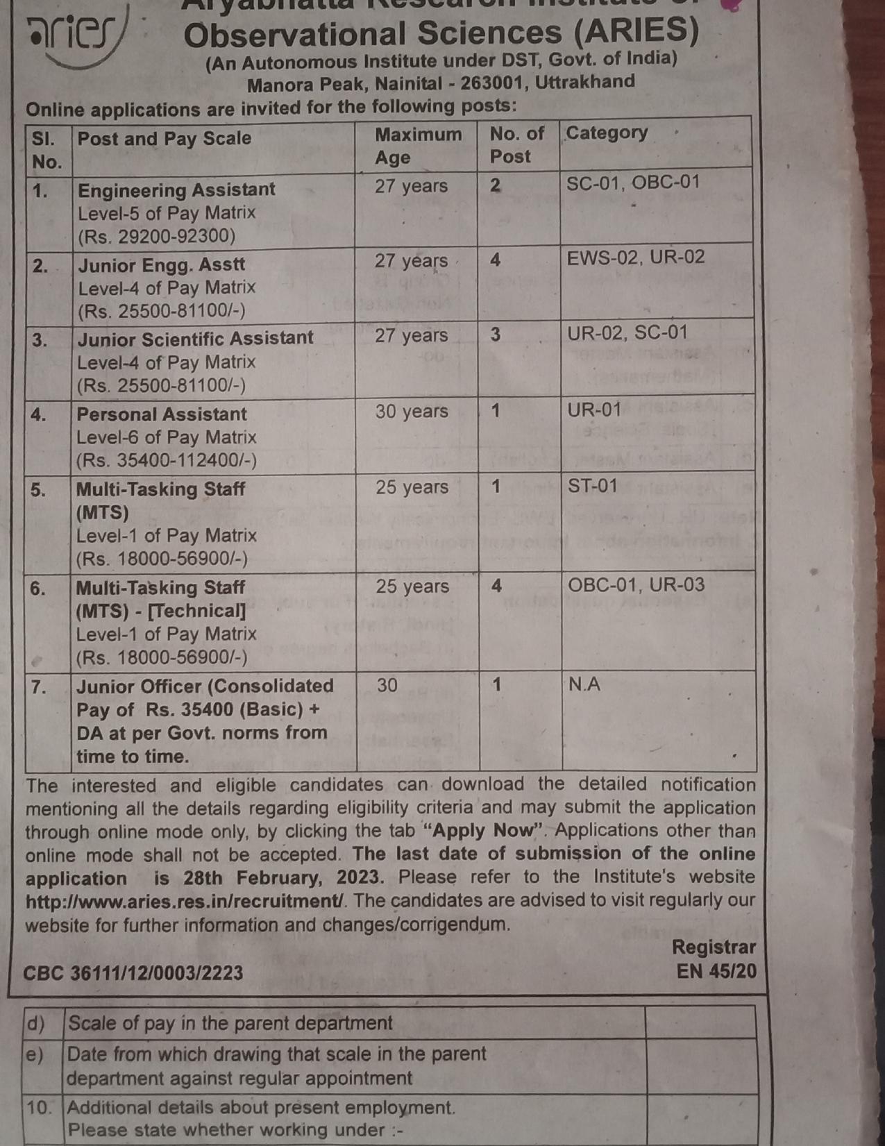 ARIES 16 Personal Assistant, MTS and Various Posts Recruitment 2023 - Page 1