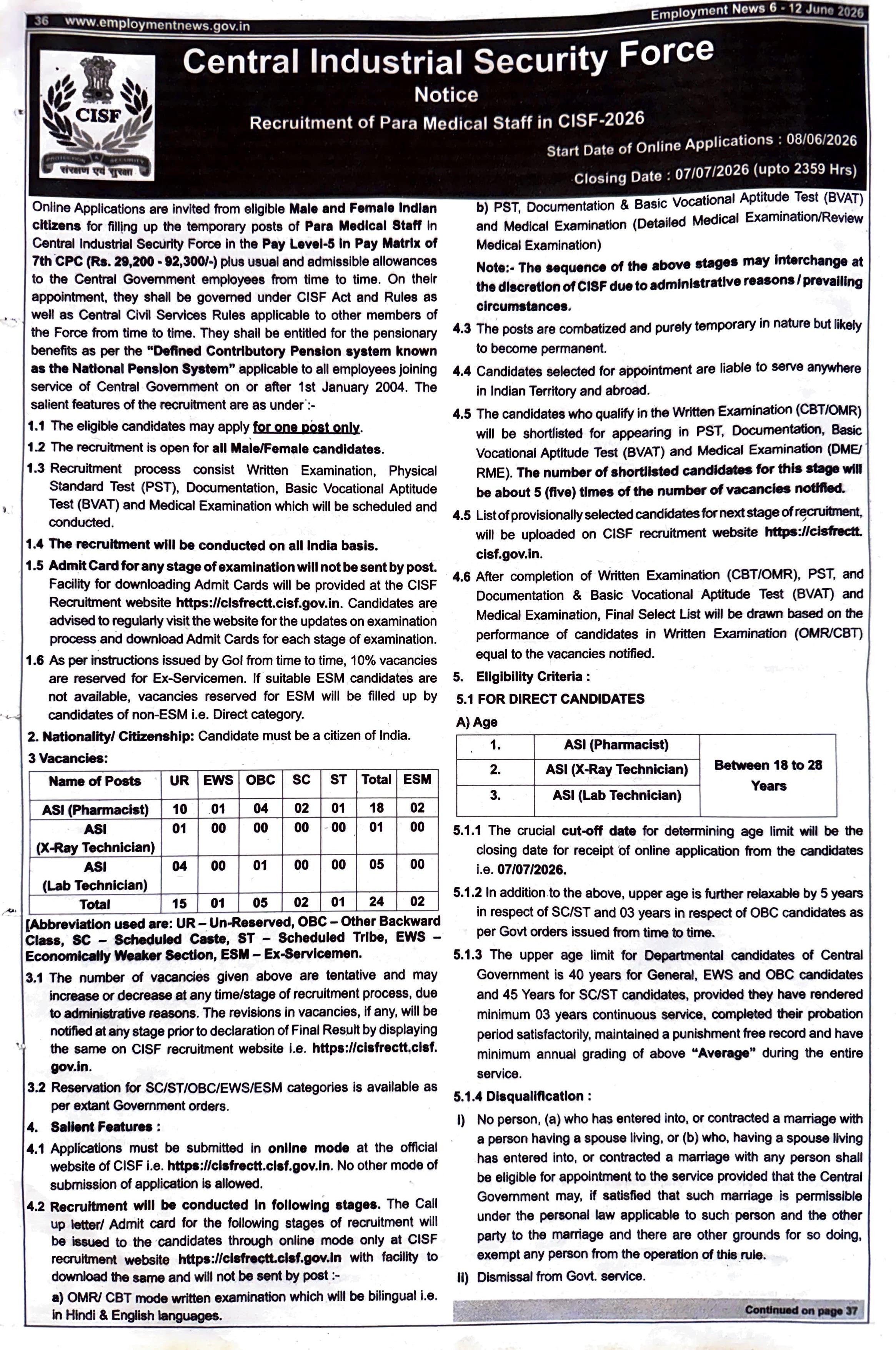 CISF Recruitment 2026 for 24 ASI Paramedical Staff (Pharmacist/X-Ray/Lab Technician) - Page 1