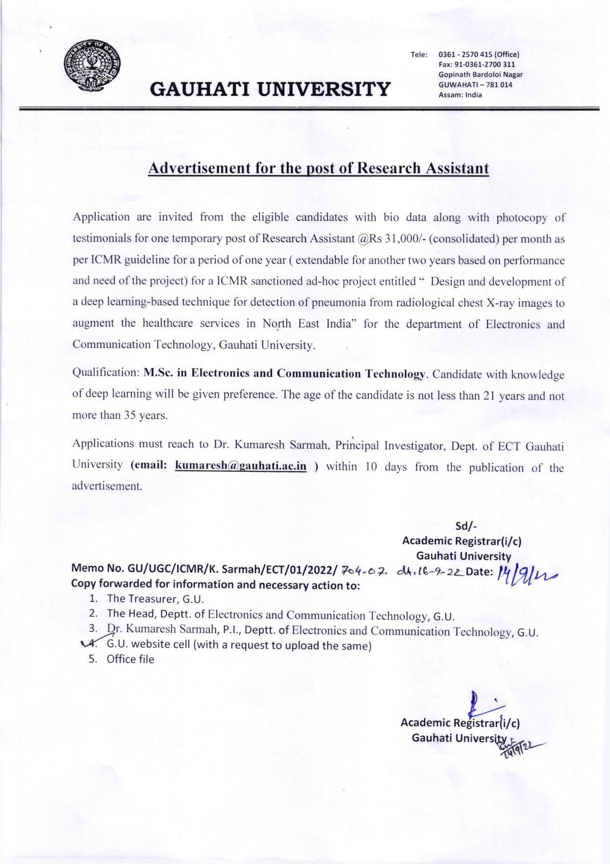 Guwahati University Invites Application for Research Assistant Recruitment 2022 - Page 1