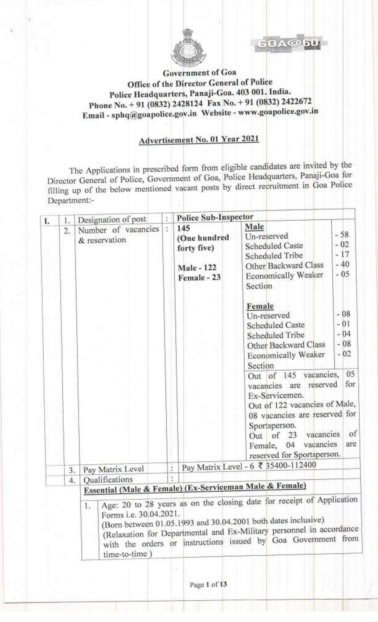 Goa Police SI Recruitment - Page 1