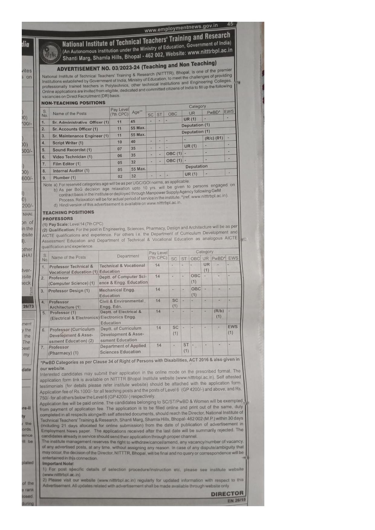 NITTTR Bhopal Teaching & Non Teaching Positions Recruitment 2023 - Page 1