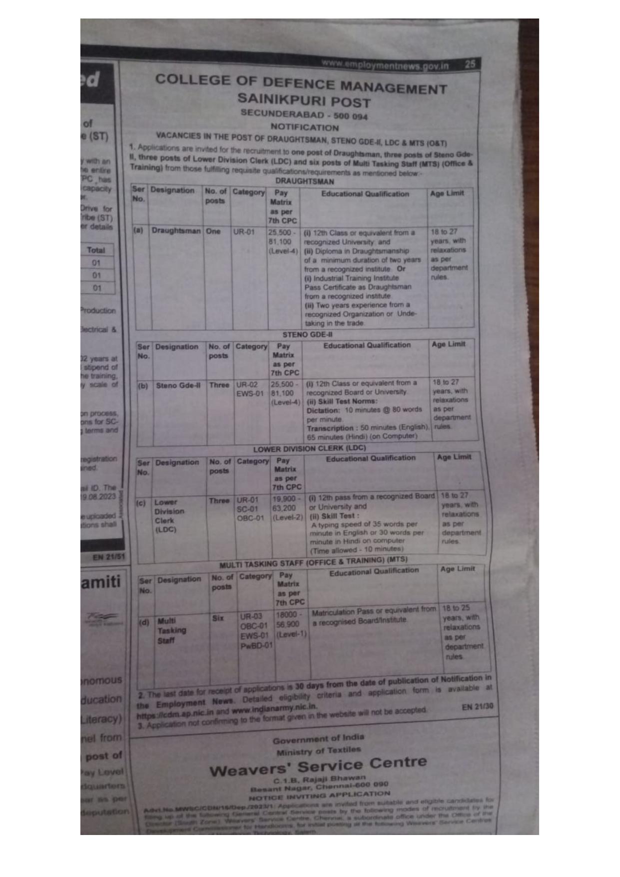 College Of Defence Management (CDM) Steno, MTS, LDC and Various Posts Recruitment 2023 - Page 1