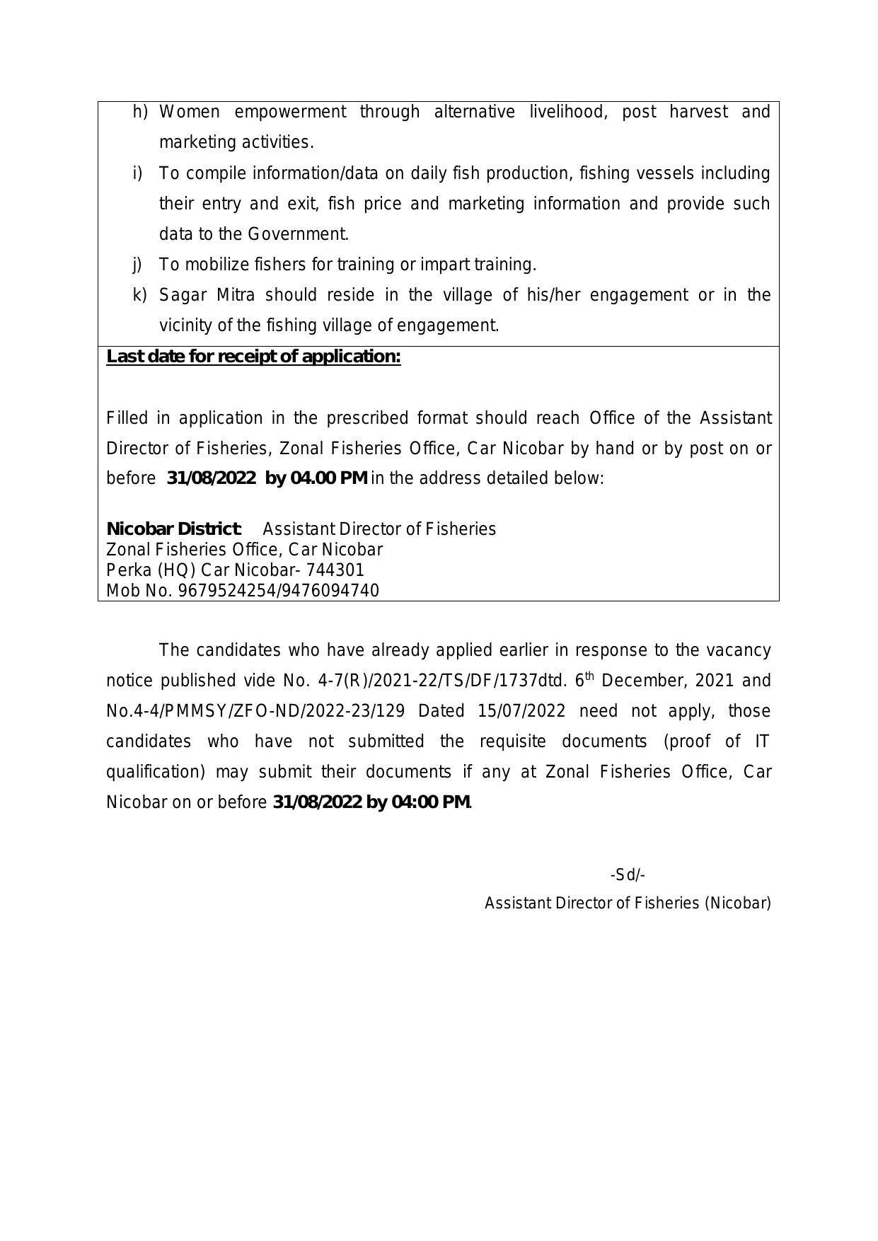 Zonal Fisheries Office Car Nicobar Invites Application for 17 Sagar Mitra Recruitment 2022 - Page 1