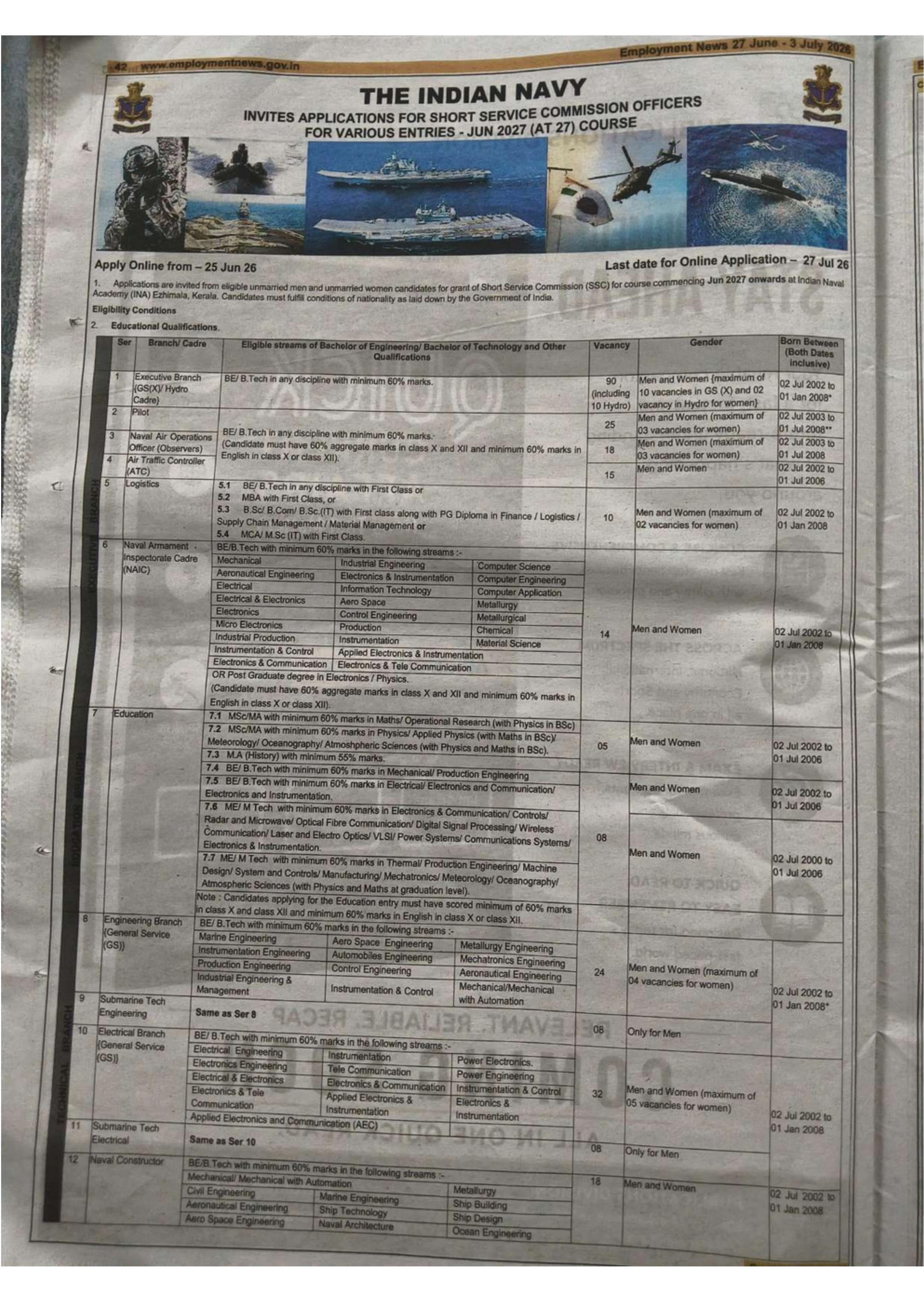 Indian Navy SSC Officer Recruitment 2026 for 275 Sub Lieutenant Posts - Page 1