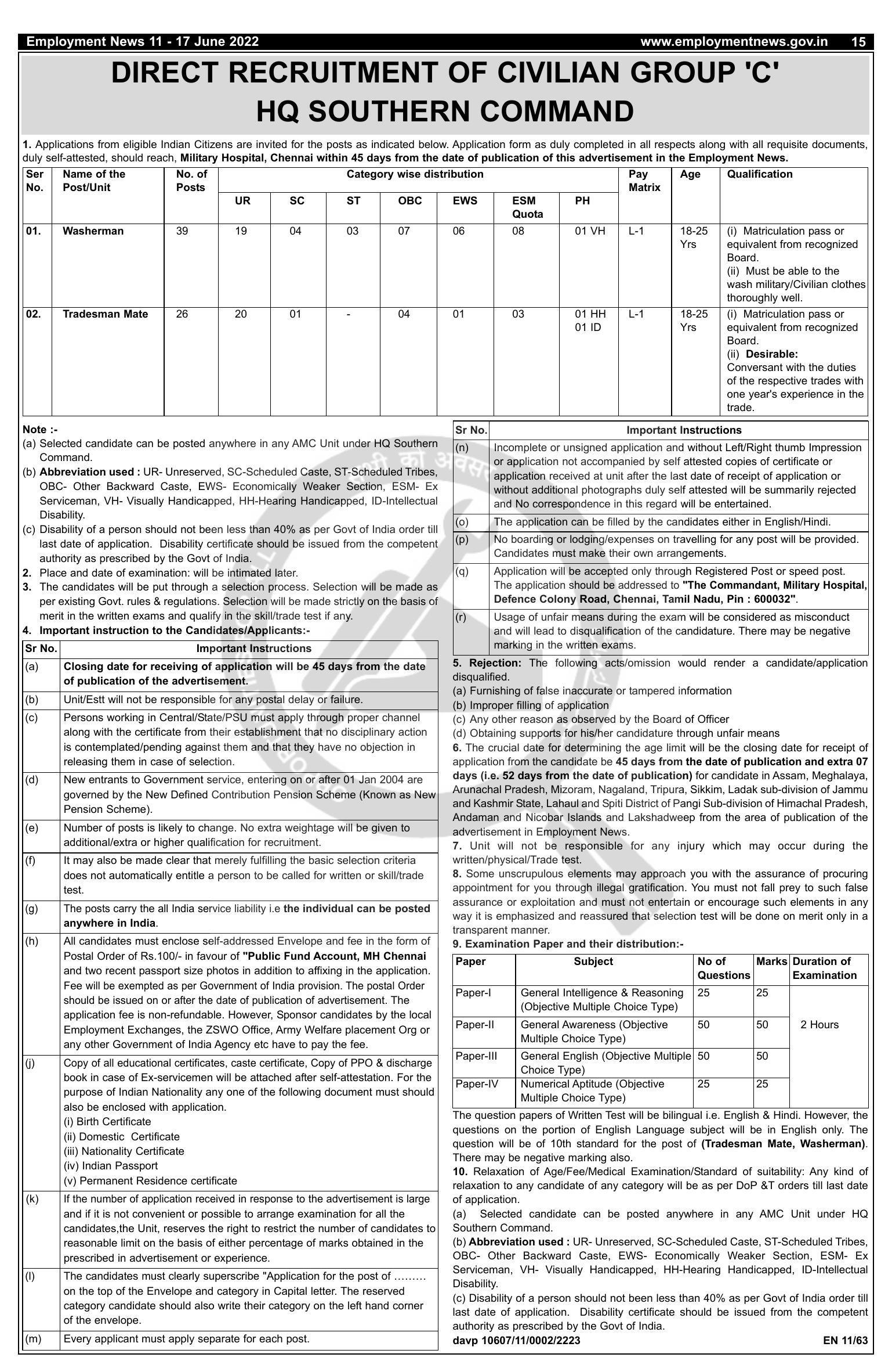 HQ Southern Command Chennai (Military Hospital Chennai) Recruitment 2022 - Page 1