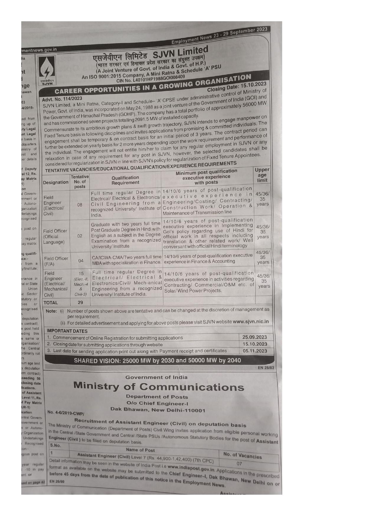 SJVN Limited Field Engineer, Field Officer Recruitment 2023 - Page 1