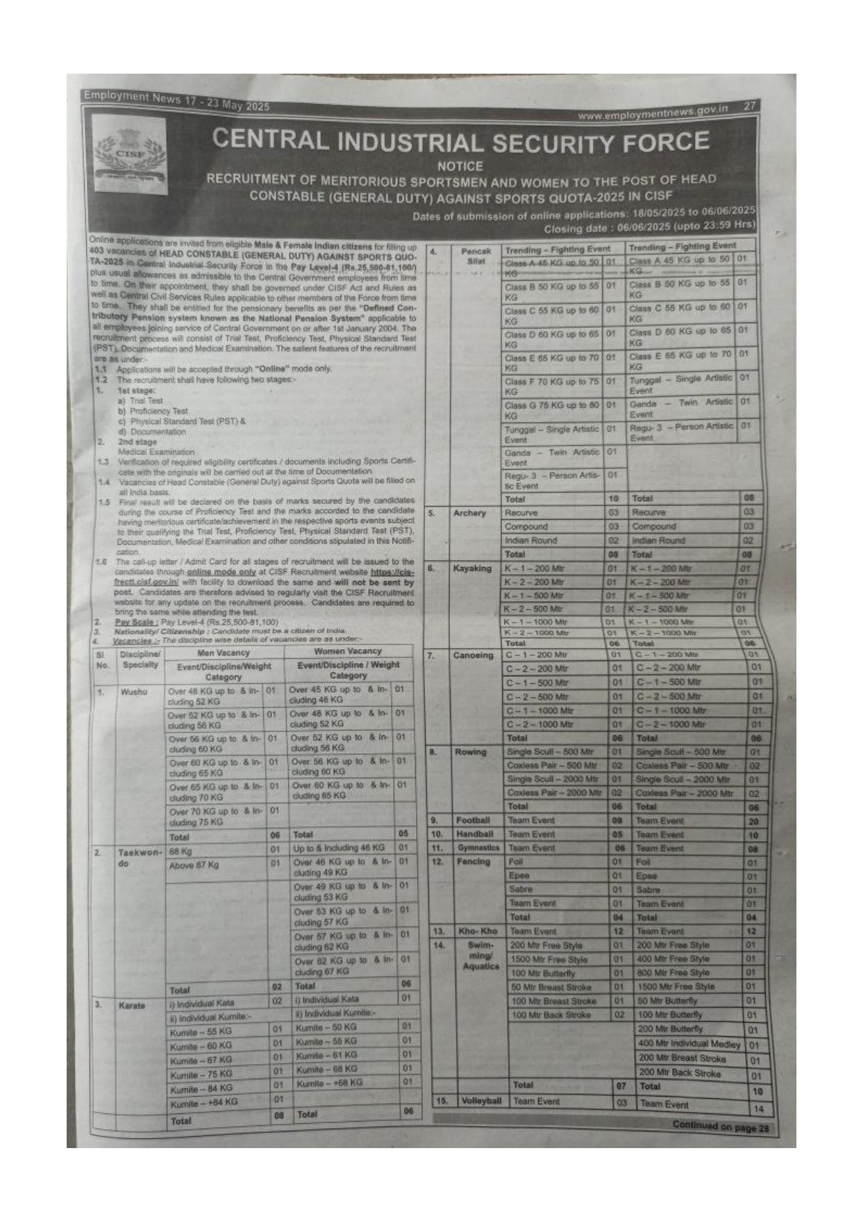 Central Industrial Security Force (CISF) Head Constable Recruitment 2025 - Page 1
