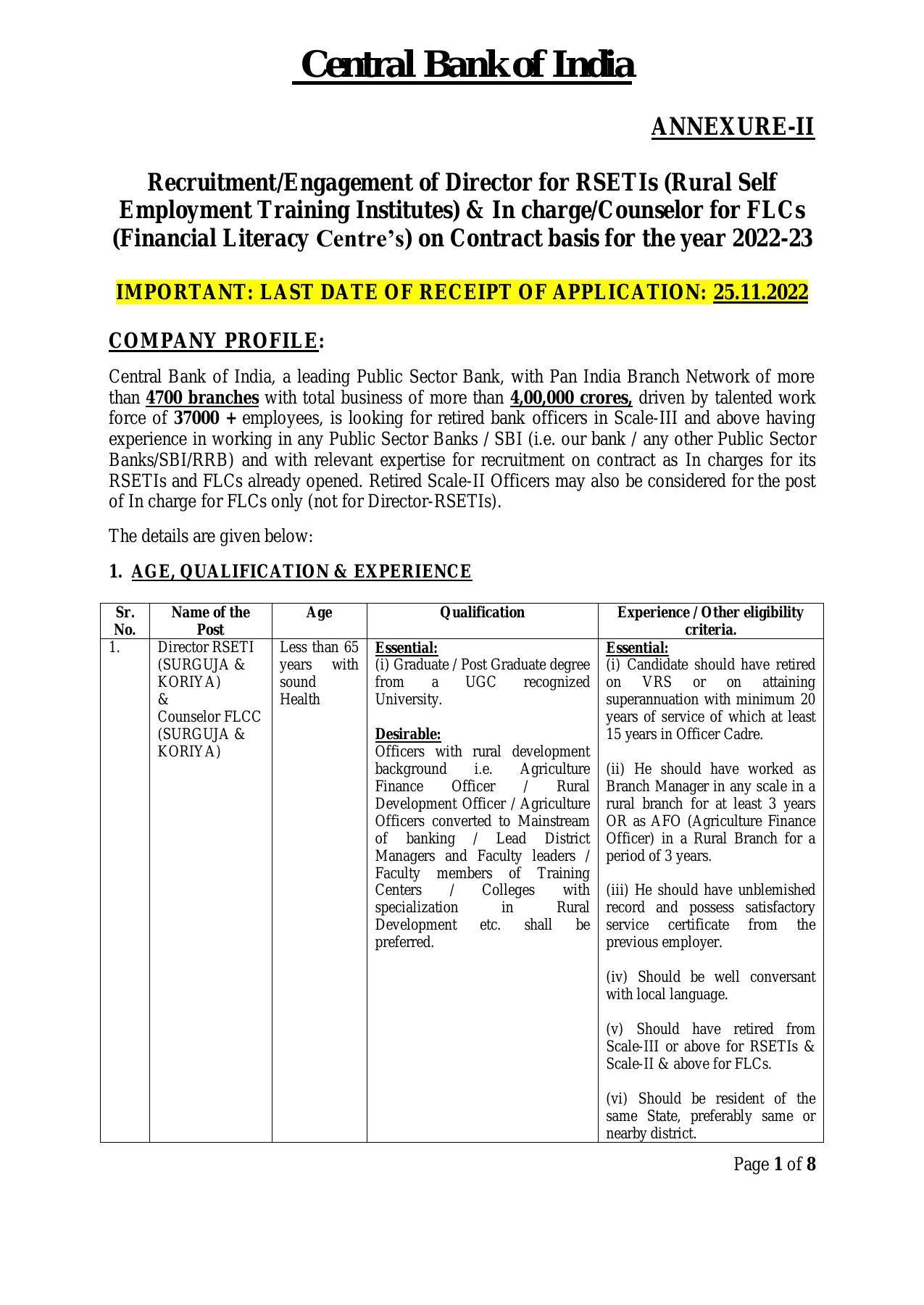 Central Bank of India (CBI) Invites Application for Director RSETI, Counselor FLCC Recruitment 2022 - Page 4