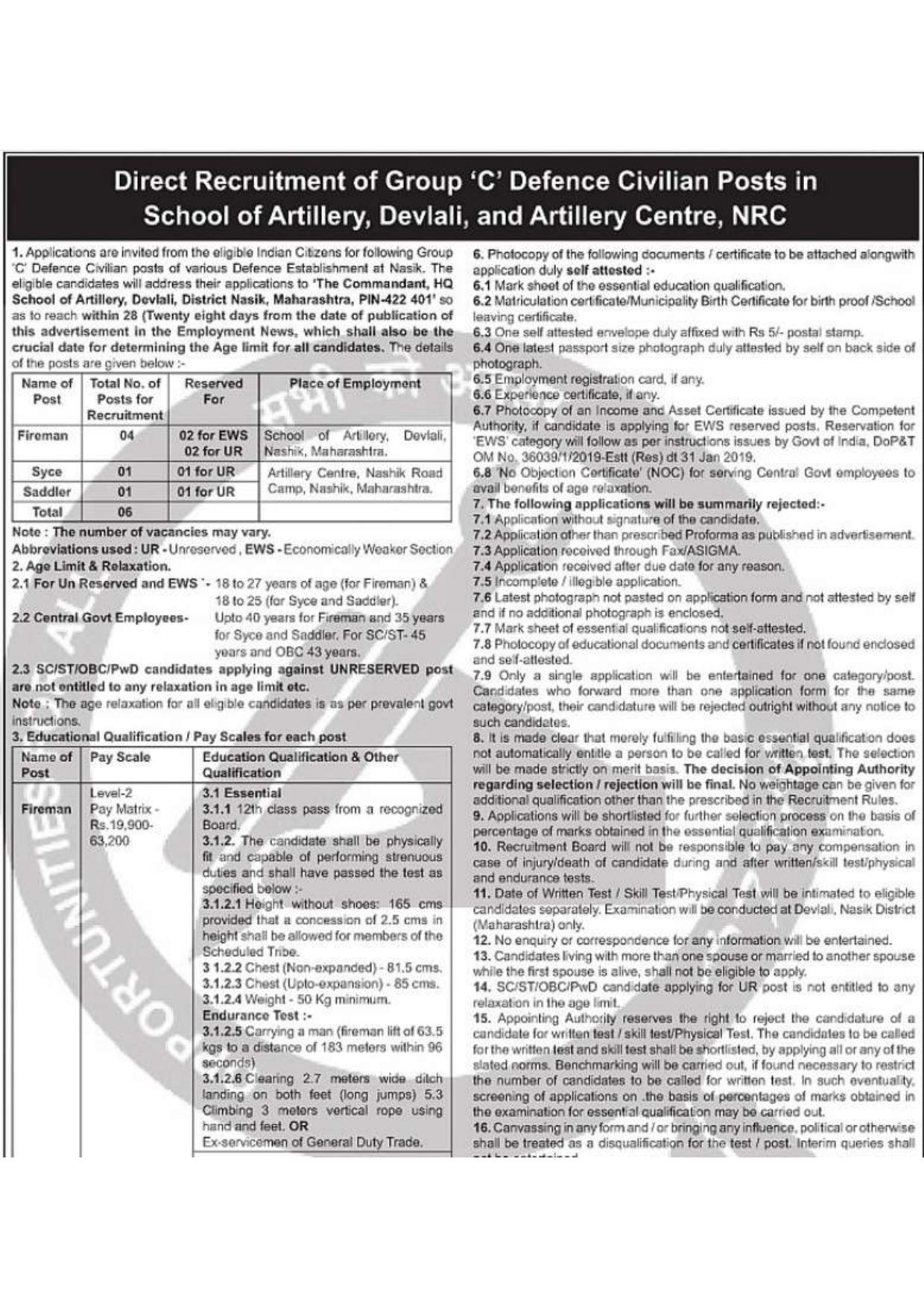 School of Artillery Devlali Recruitment 2026 – Apply Offline for 06 Fireman, Syce, Saddler Posts - Page 1