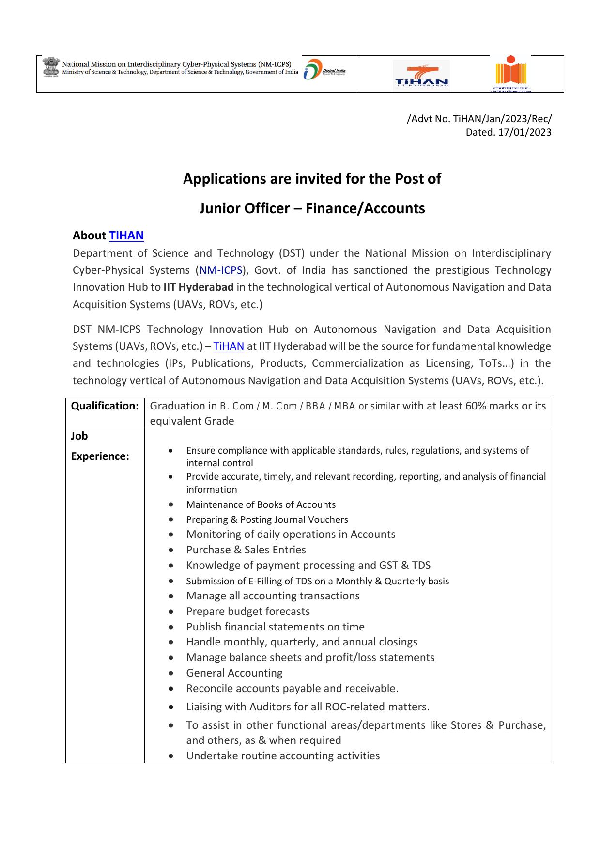 Indian Institute of Technology Hyderabad Invites Application for Junior Officer Recruitment 2023 - Page 2